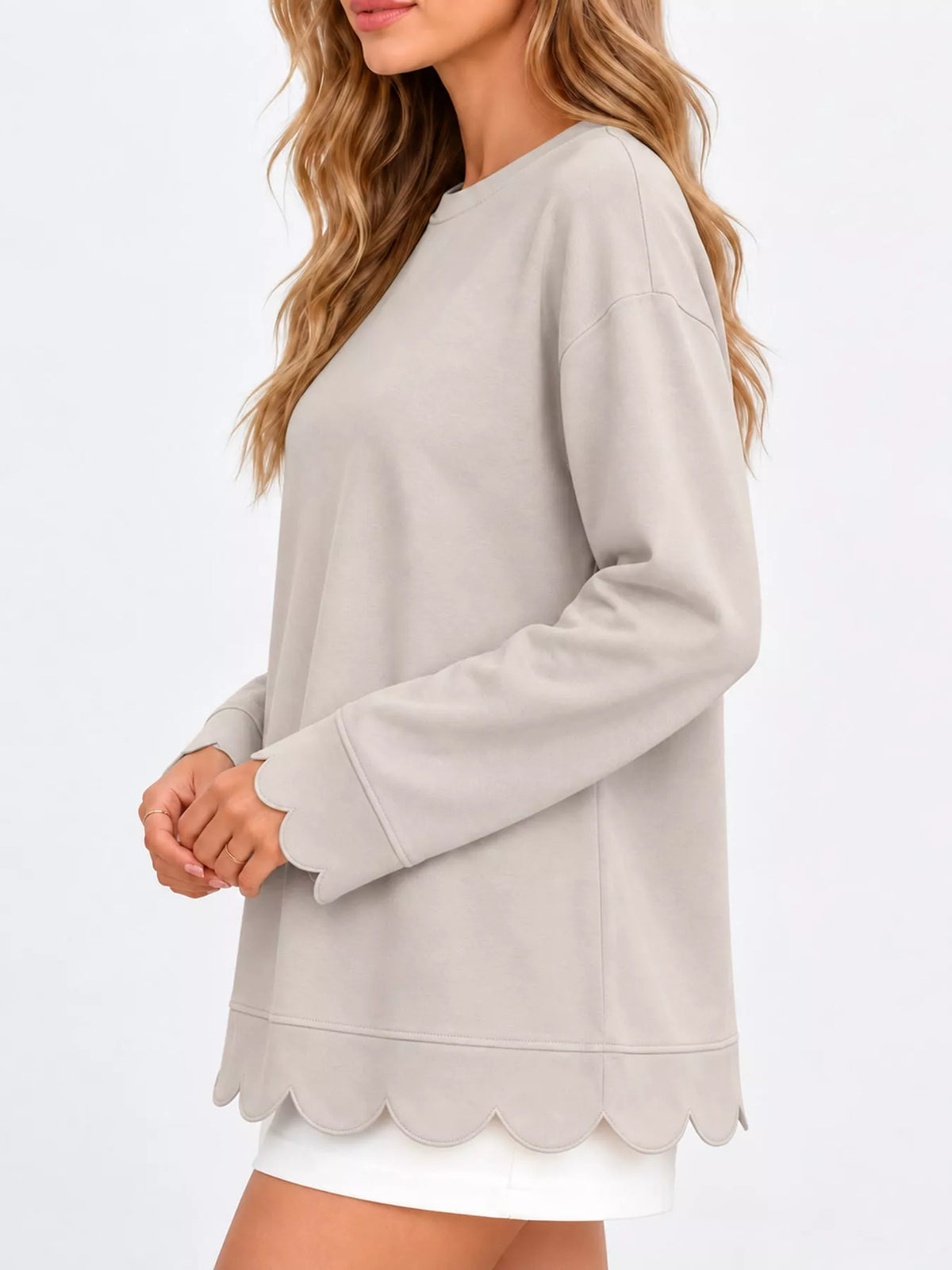 full size casual scalloped hem crewneck sweatshirt | dropsona - neutral - front view