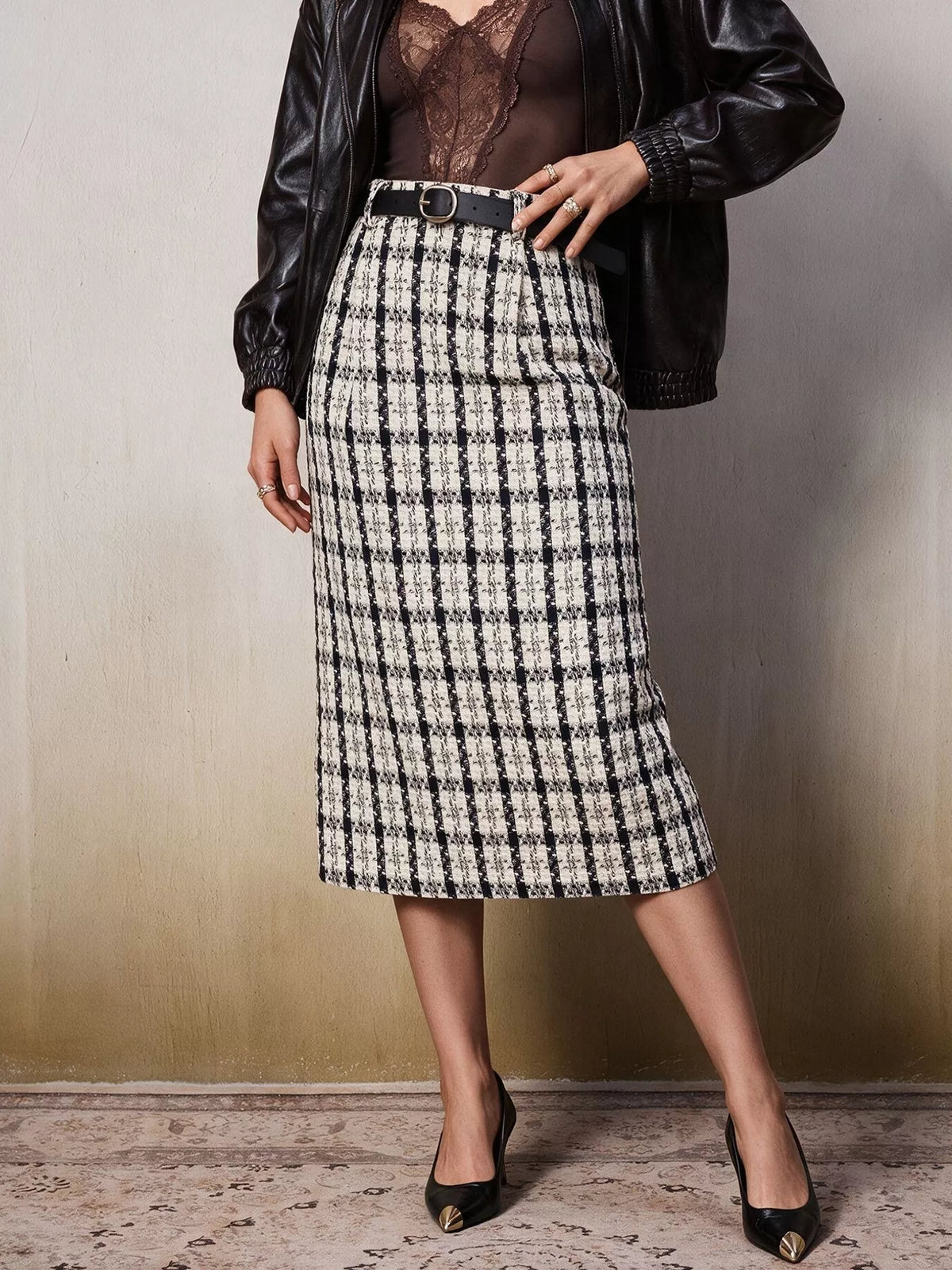 high-waisted tweed plaid midi skirt | dropsona - neutral - everyday use