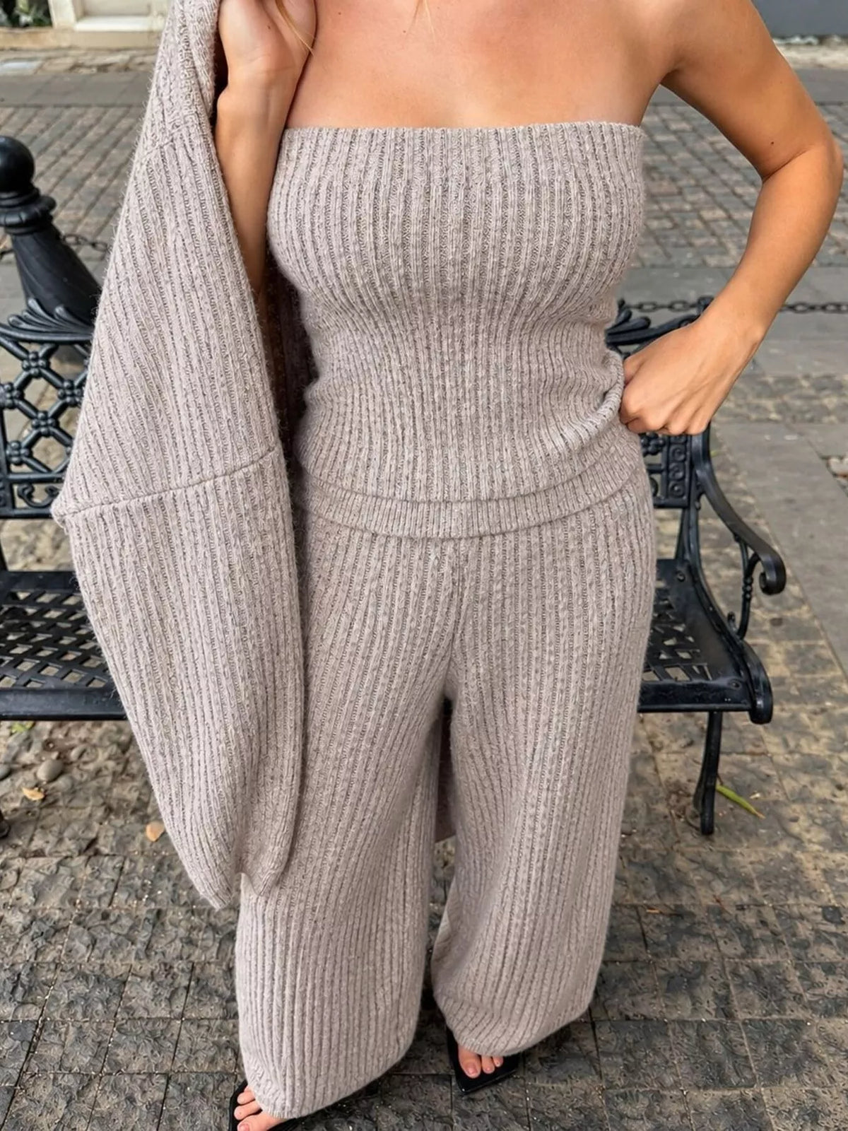 ribbed knit three-piece sweater set – number of | dropsona - neutral - front view