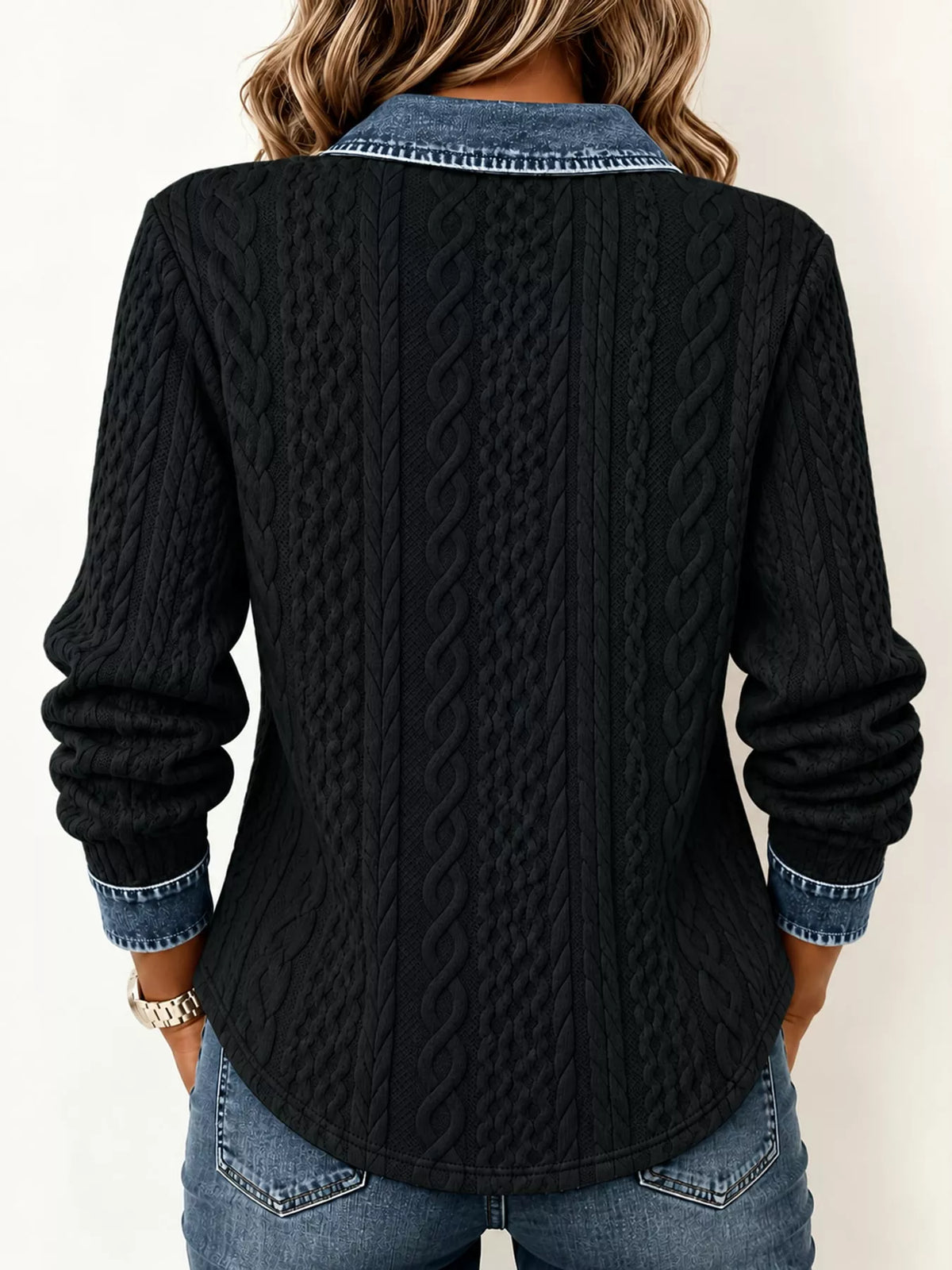 full size contrast denim trim textured button-down | dropsona - neutral - front view