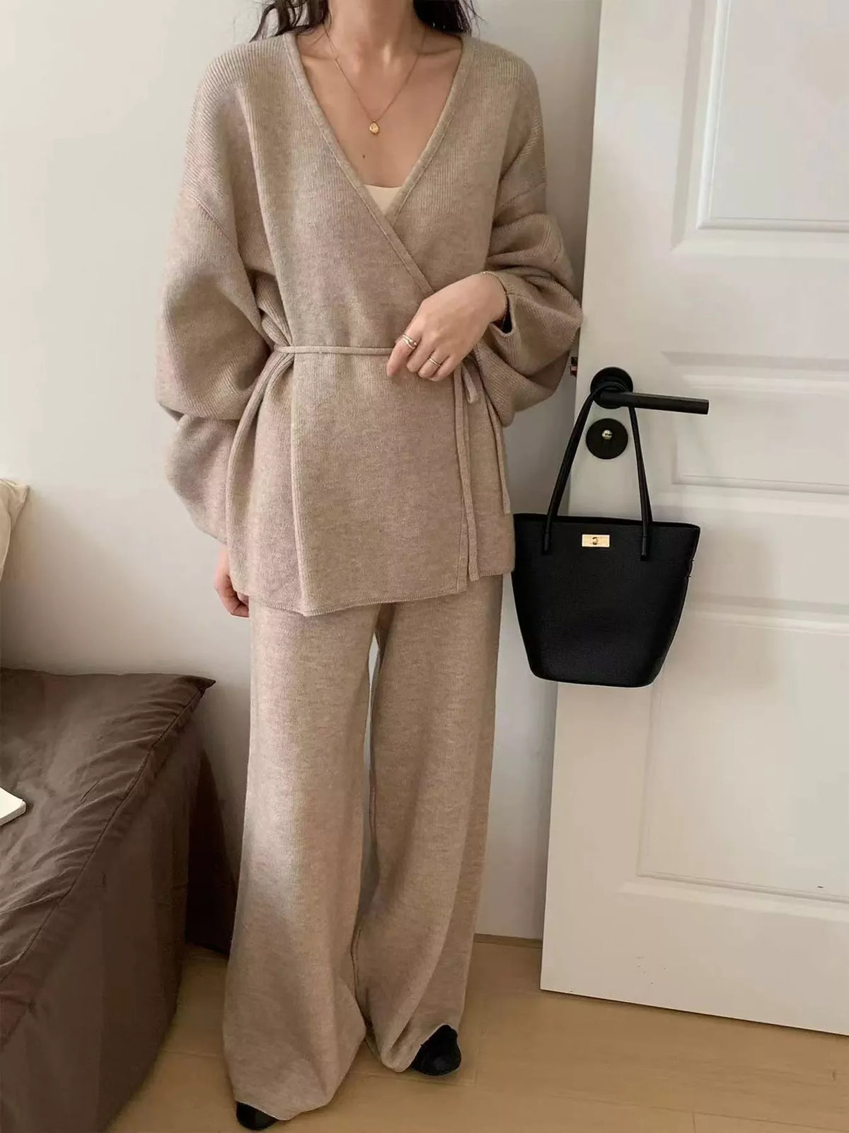 elegant v-neck wrap cardigan and wide-leg pants | dropsona - neutral - front view