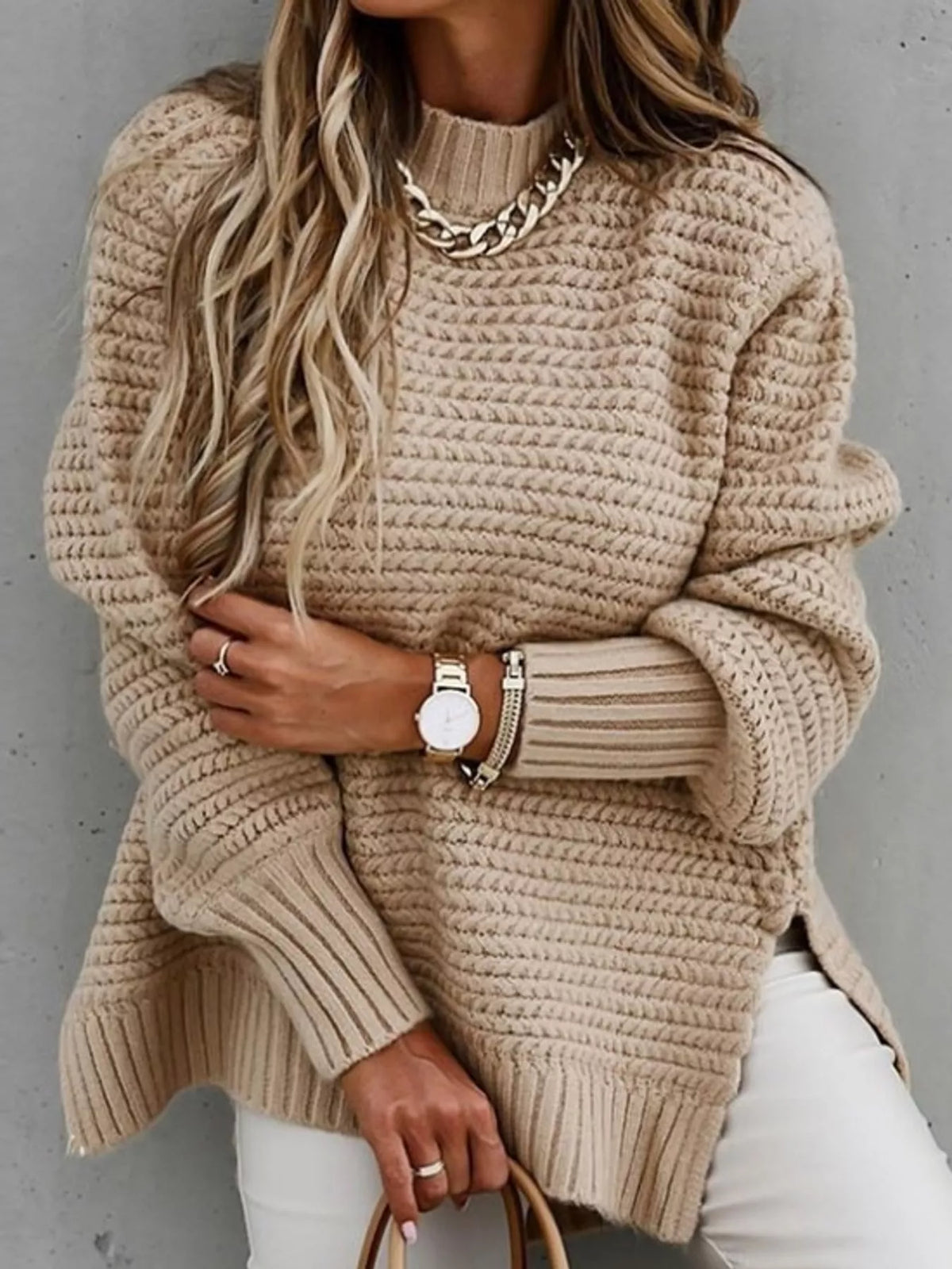 side slit textured knit sweater – ribbed,slit fit | dropsona - neutral - everyday use
