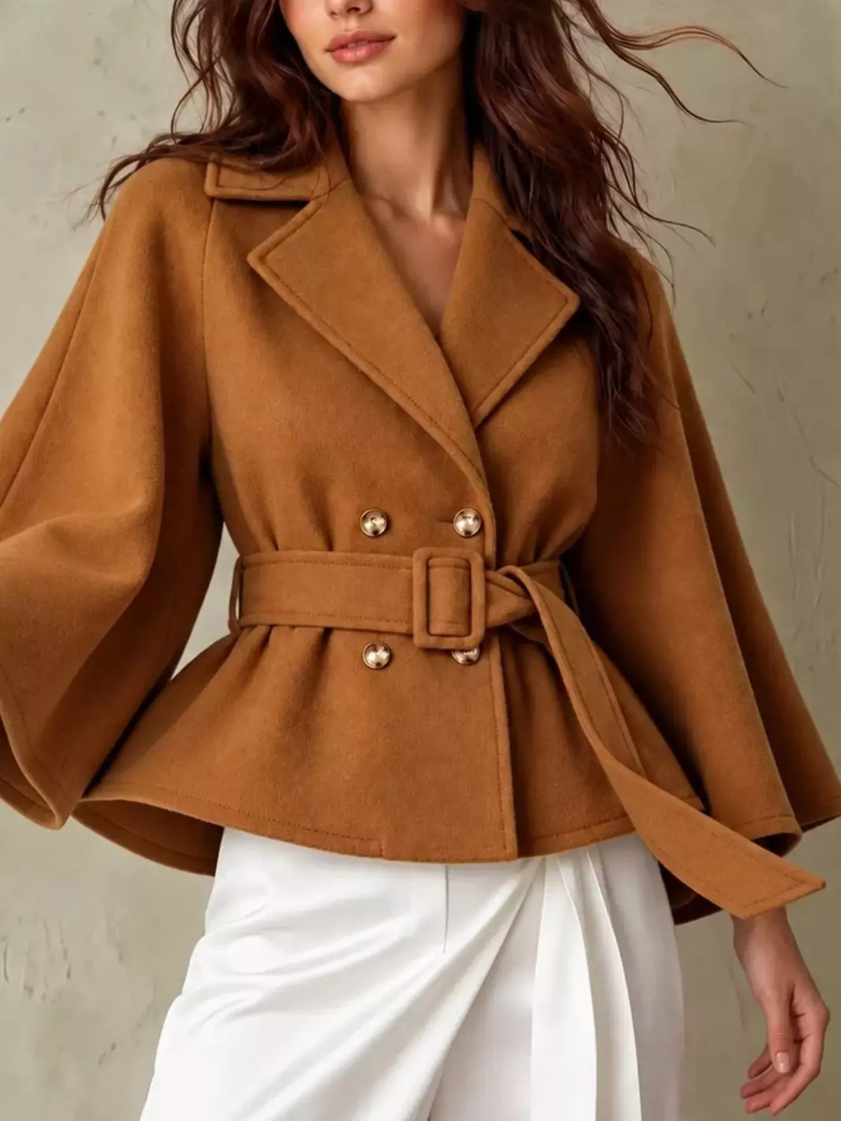 double-breasted cape outerwear with belt | dropsona - neutral - front view
