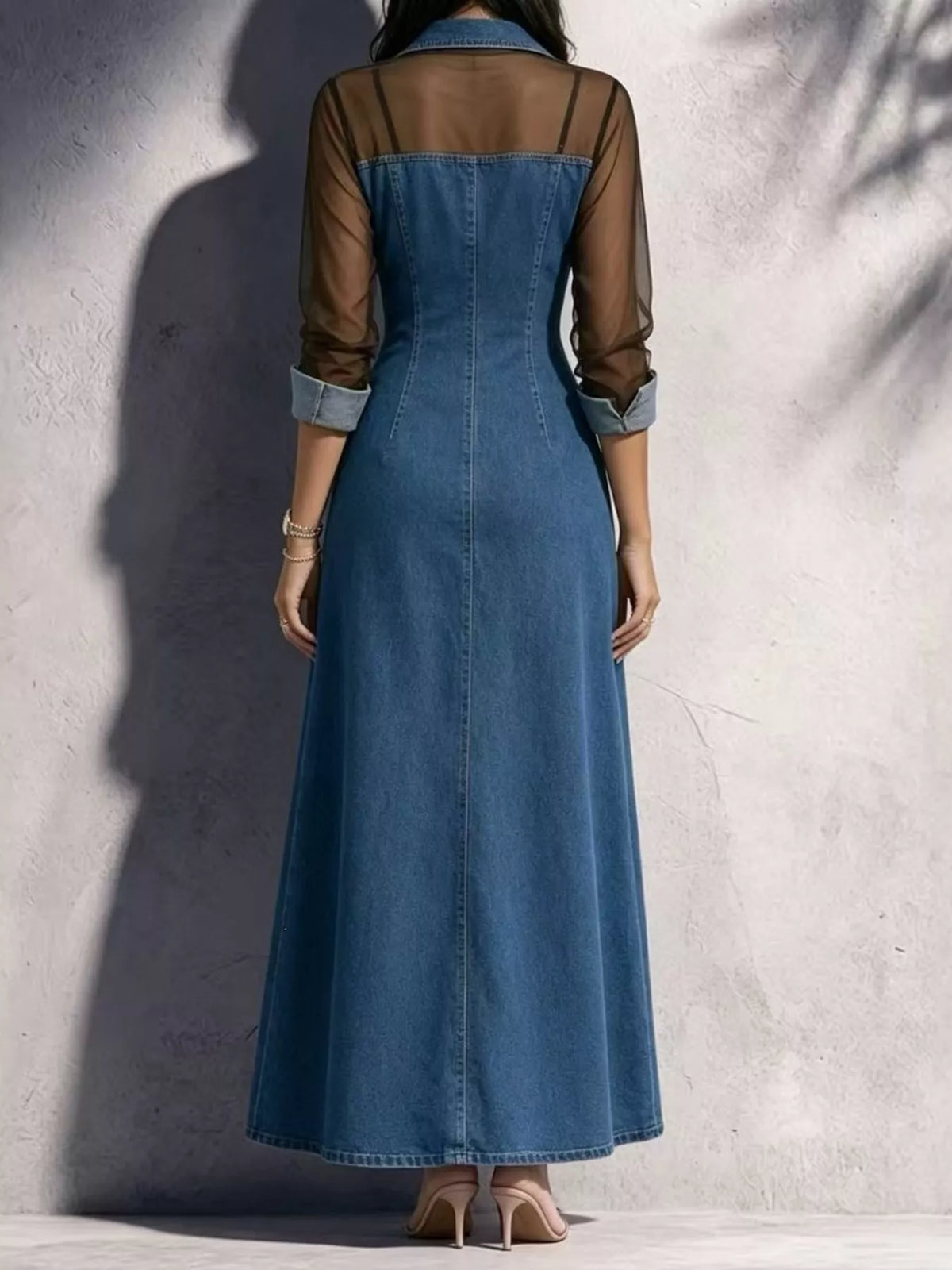 full size sheer mesh panel button-down denim maxi | dropsona - neutral - front view