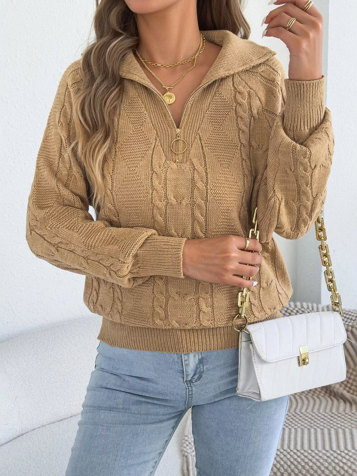 quarter-zip cable knit sweater – cable-knit,zipper | dropsona - neutral - everyday use