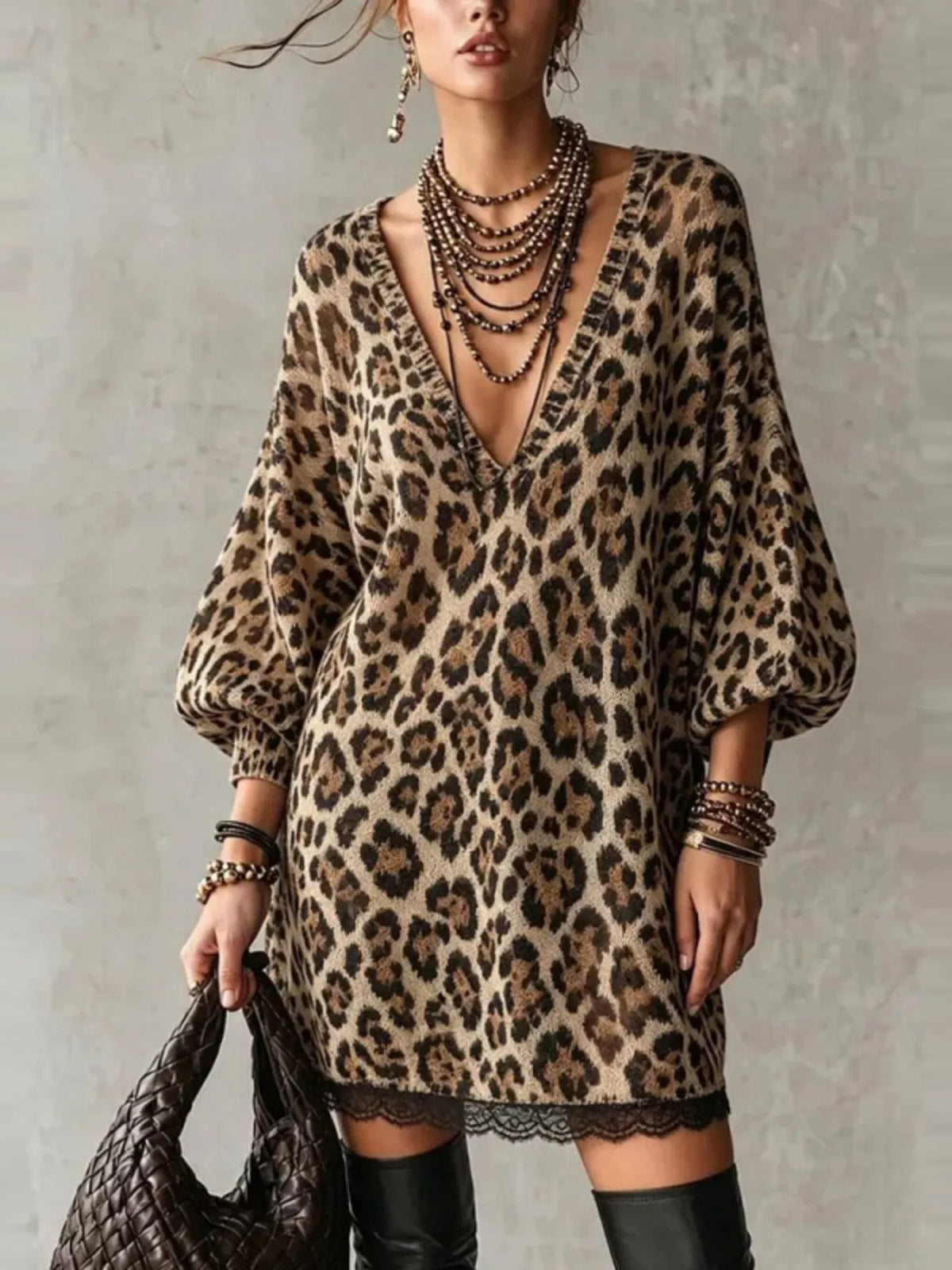 leopard print v-neck dress with lace hem – detail | dropsona - neutral - everyday use