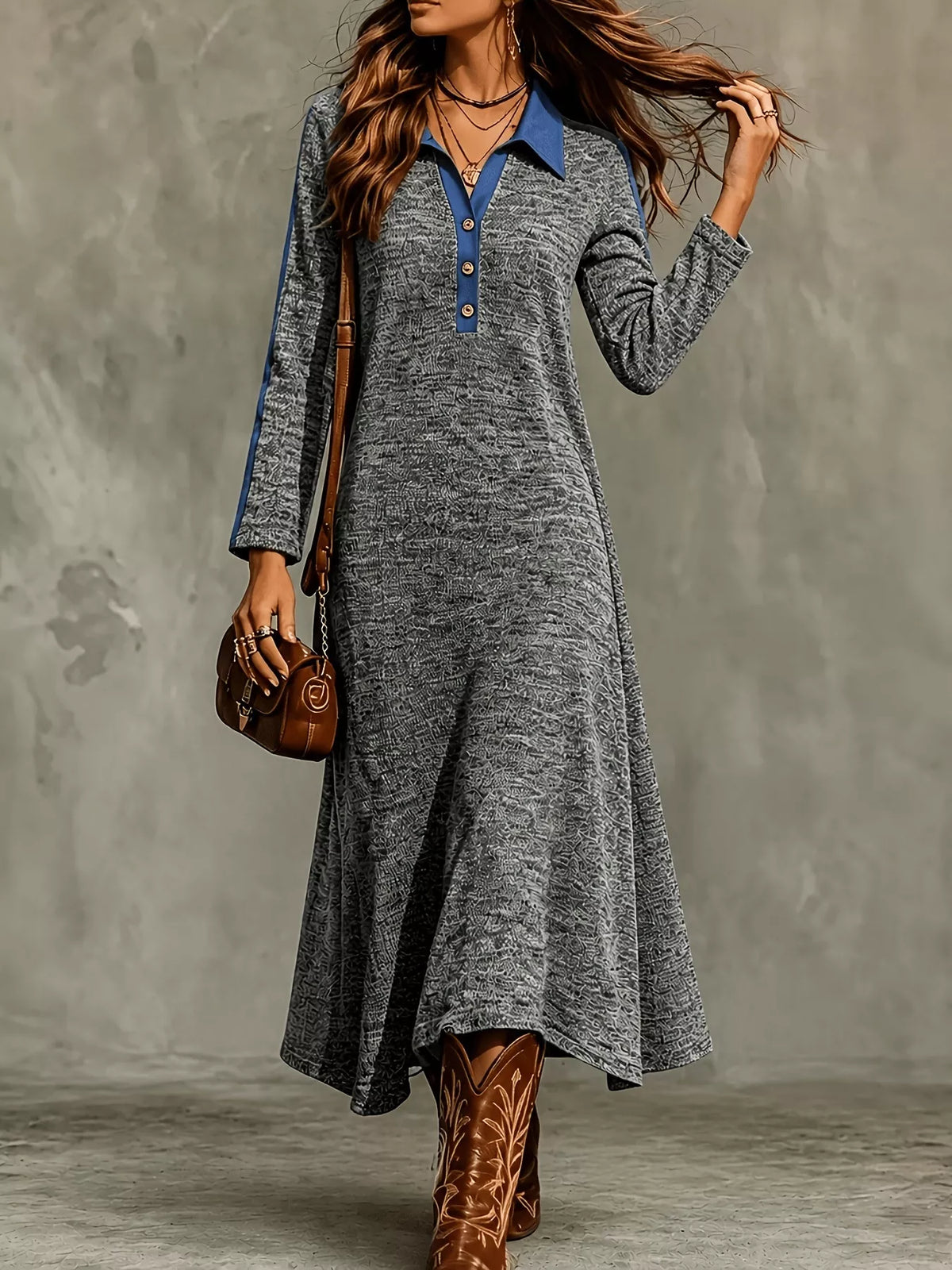 full size casual colorblock polo collar long sleeve | dropsona - neutral - front view