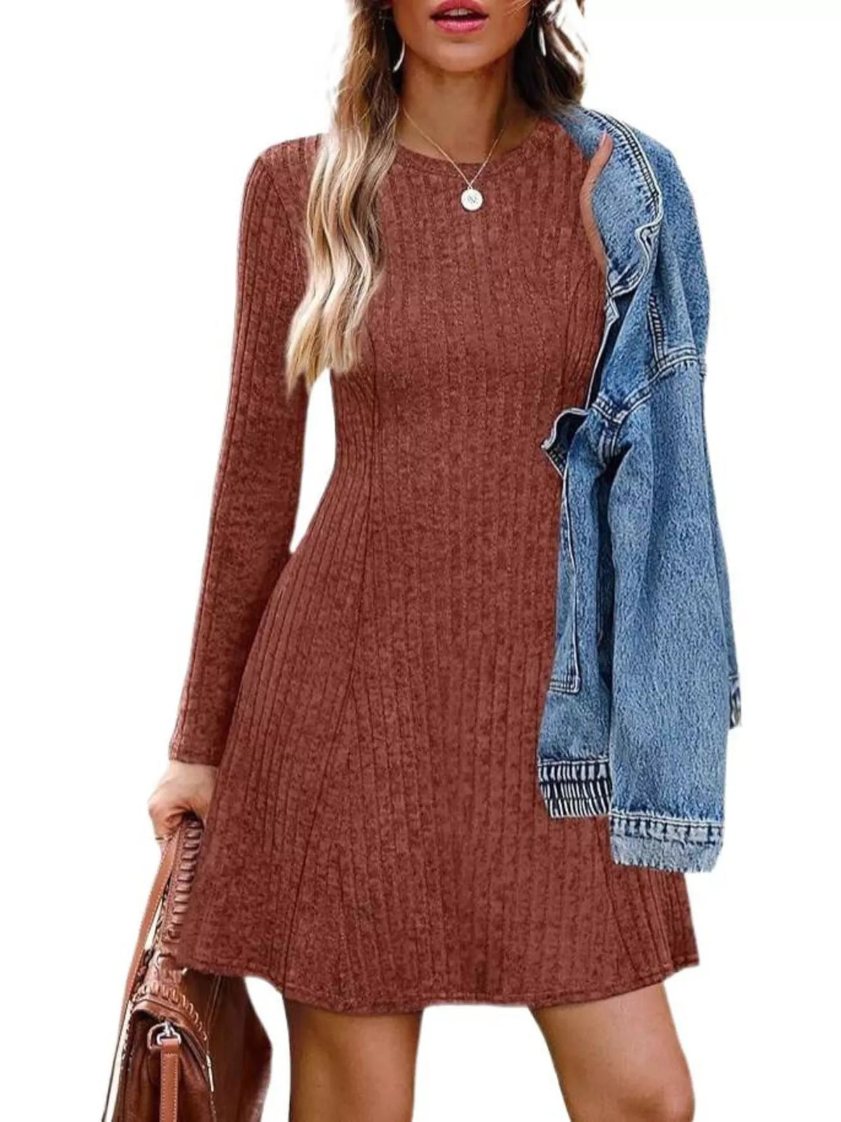 ribbed knit long sleeve slim fit dress – basic style | dropsona - neutral - front view