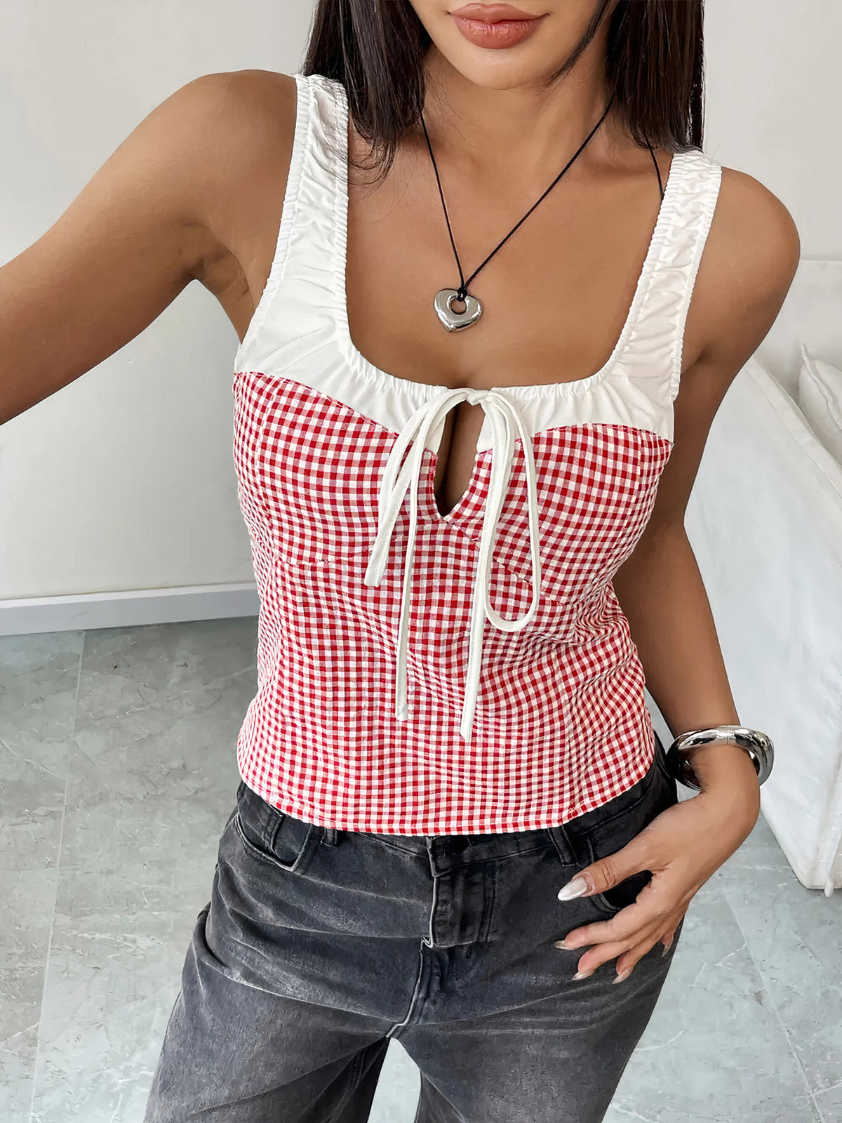 perfee contrast plaid square neck tank - everyday wear