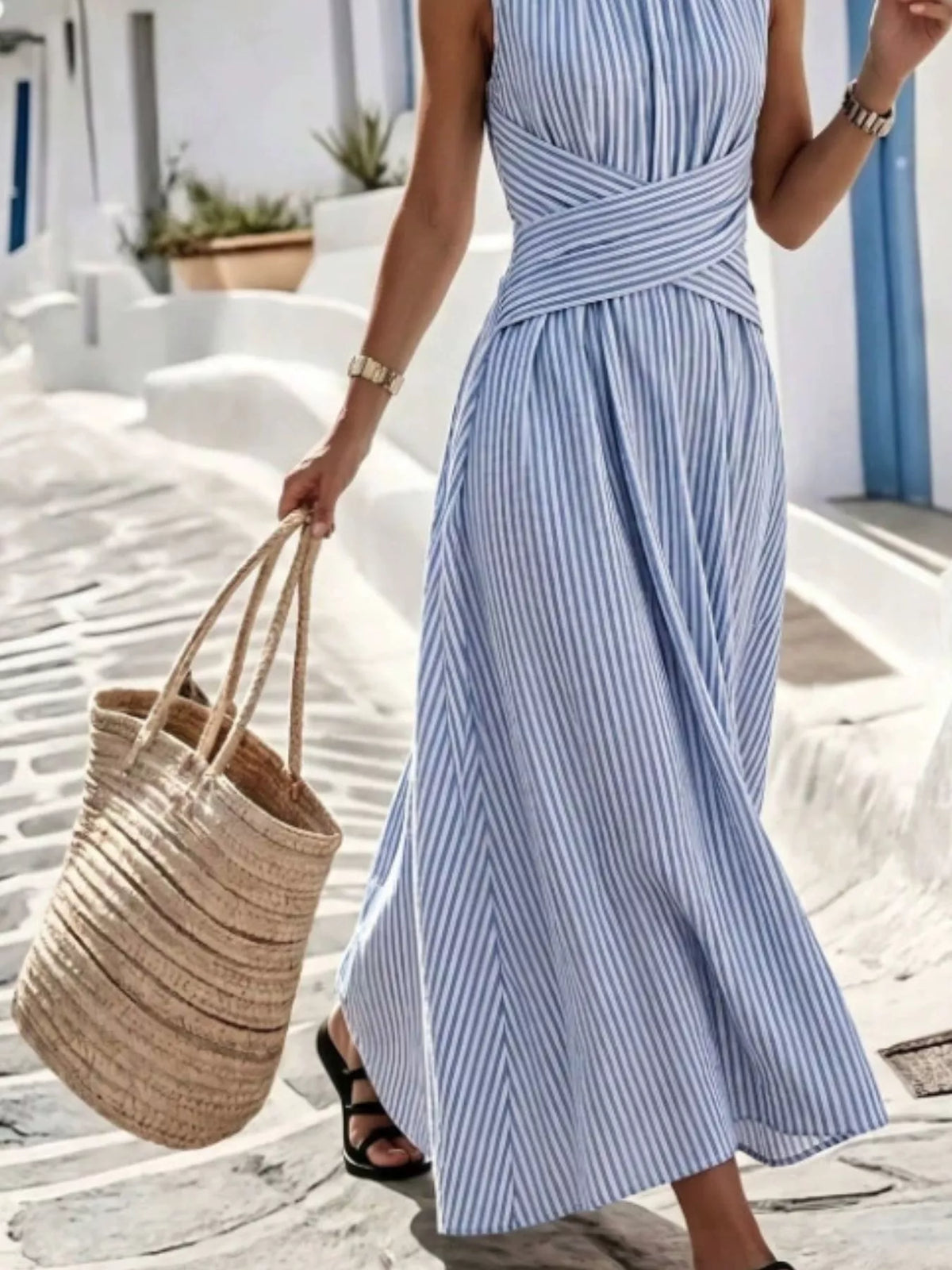 full size striped sleeveless maxi dress plus | dropsona - neutral - front view