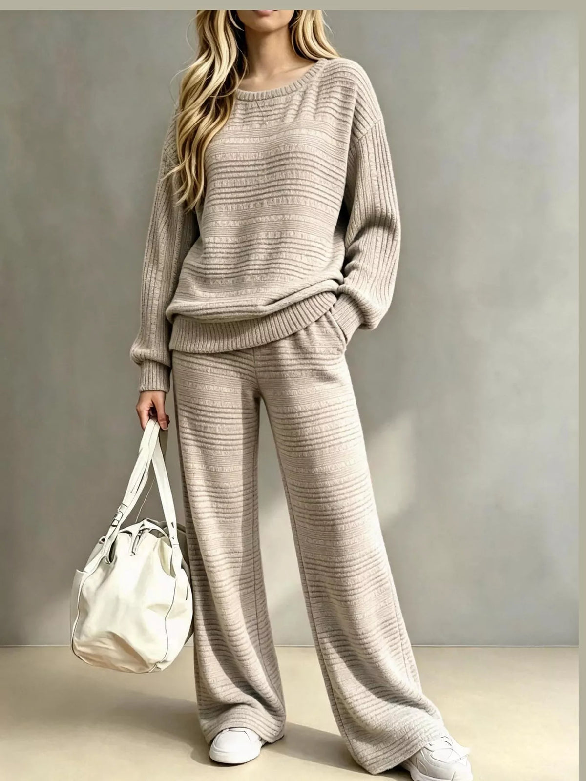 cozy ribbed knit top and wide-leg pants set | dropsona - neutral - everyday use