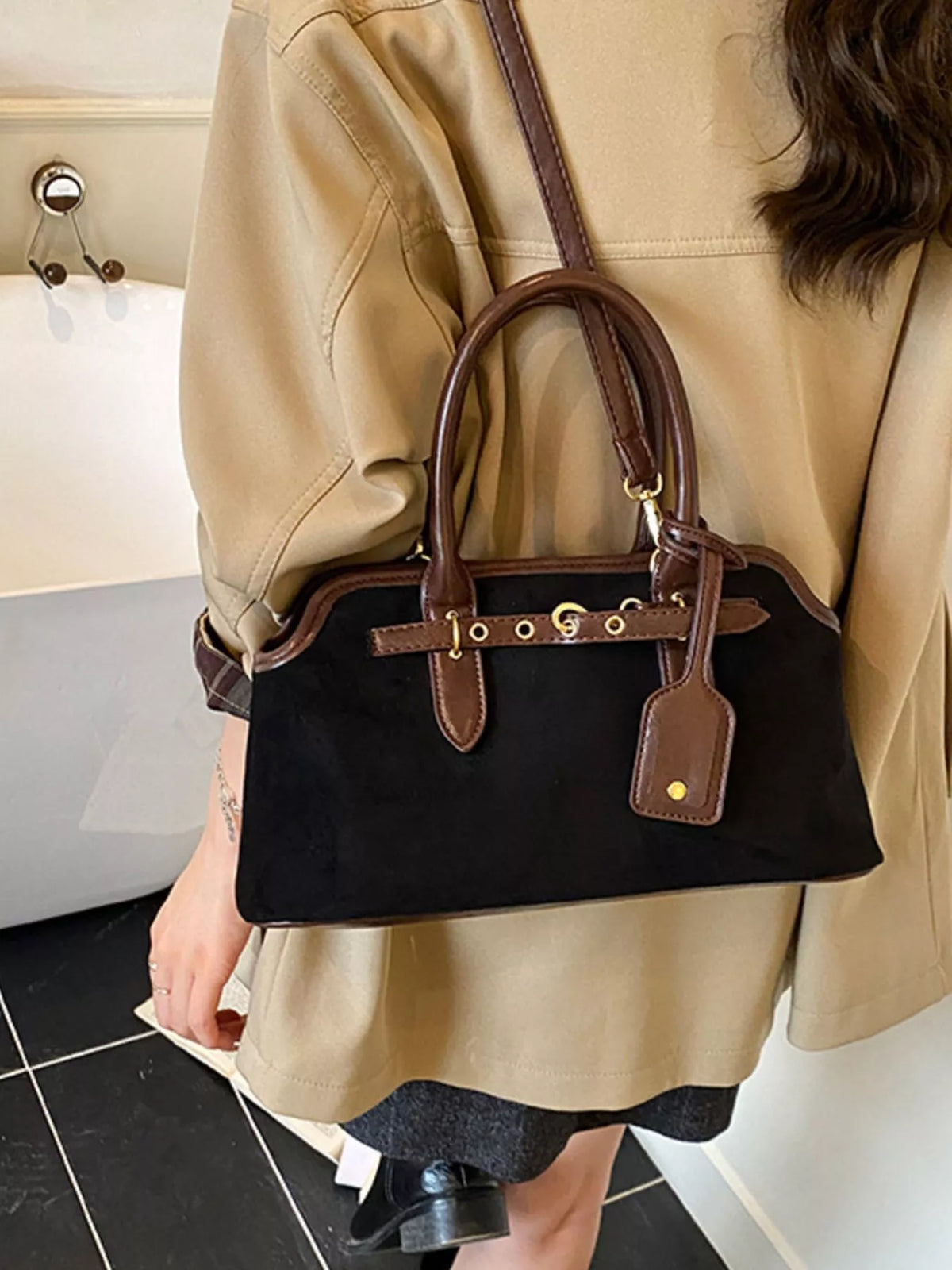 vintage buckle detail handbag – stylish sling | dropsona - neutral - front view