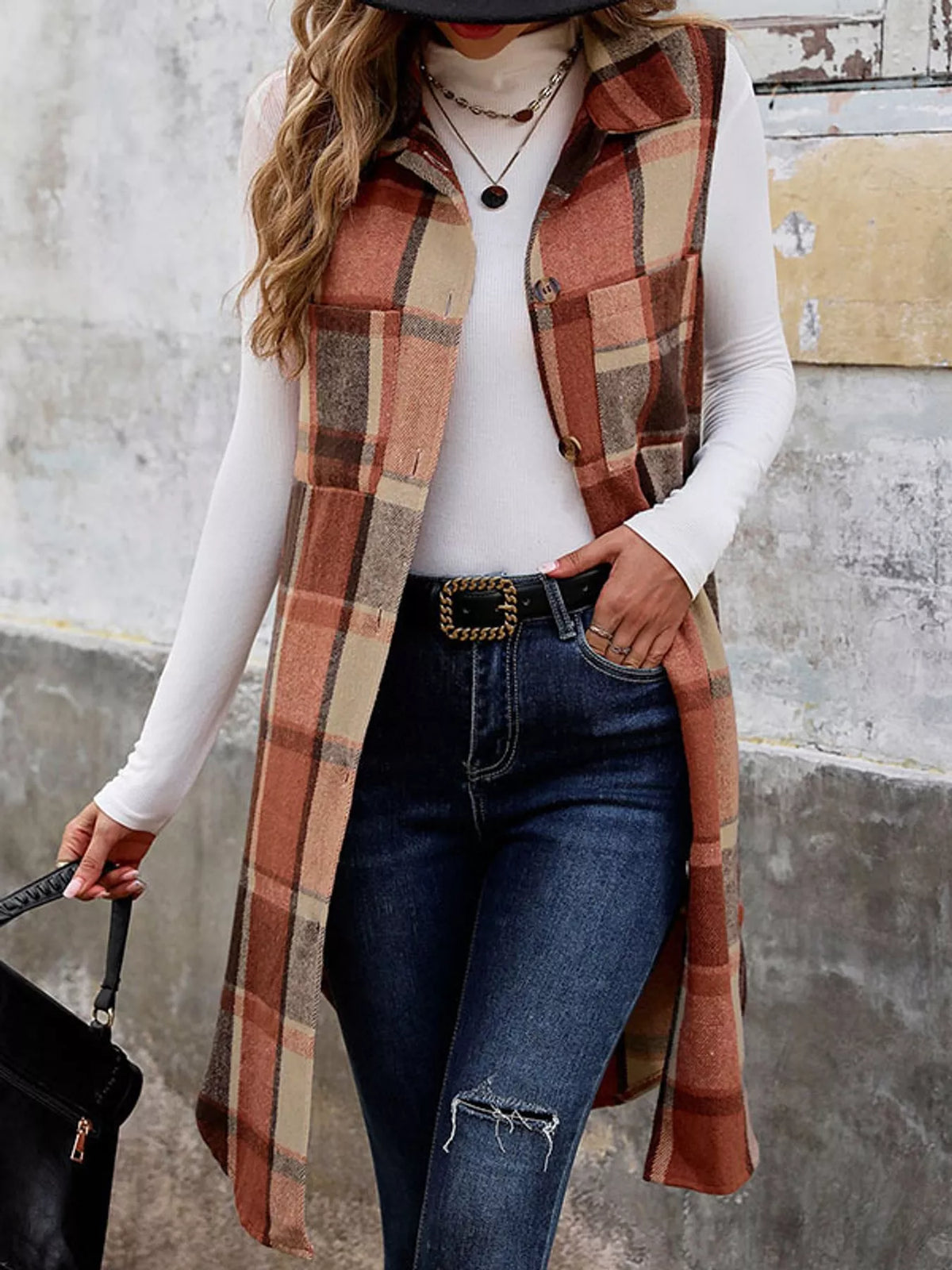 longline plaid button-down vest coat | dropsona - neutral - everyday use