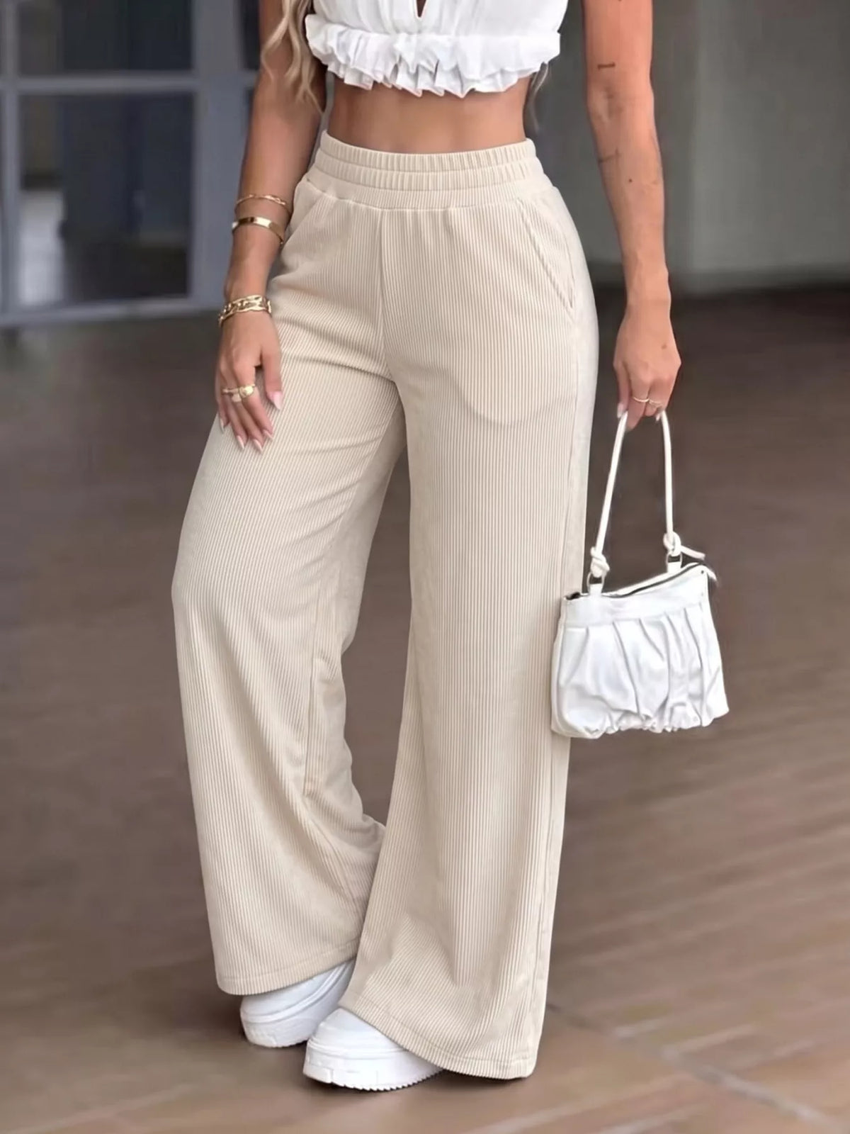 high-waisted wide-leg casual pants with elastic | dropsona - neutral - everyday use
