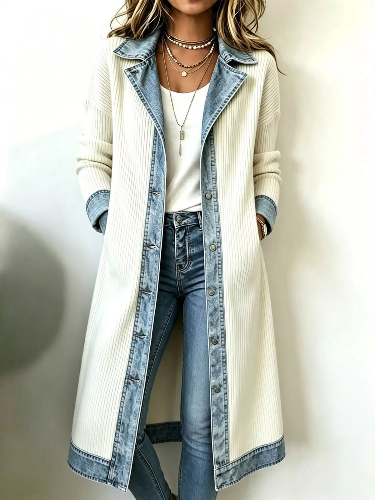 full size denim-trimmed ribbed knit longline cardigan | dropsona - neutral - front view