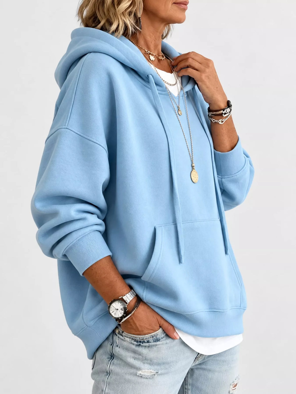 drawstring dropped shoulder hoodie | dropsona - neutral - front view
