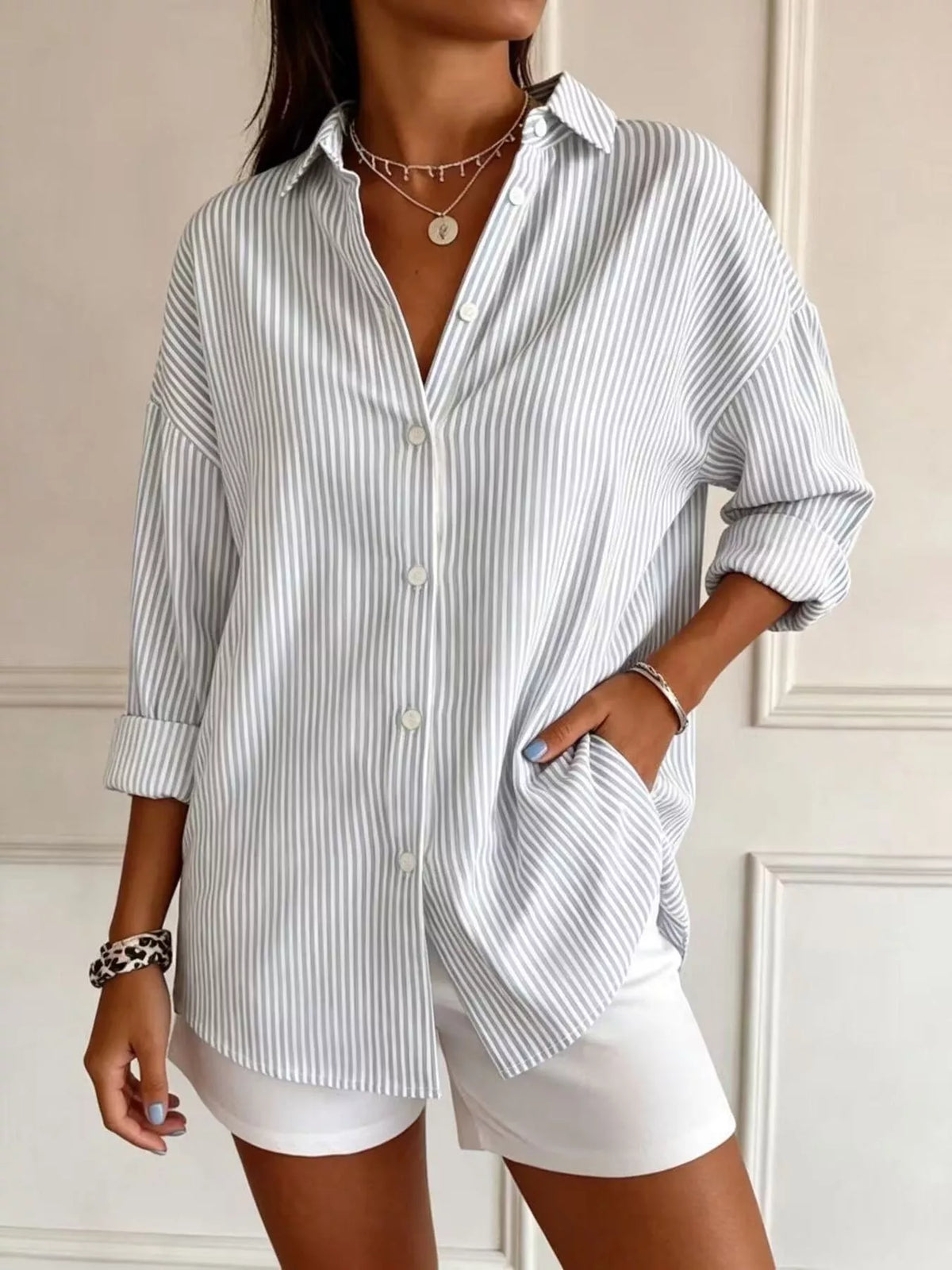 full size striped button-down long sleeve shirt plus | dropsona - neutral - front view