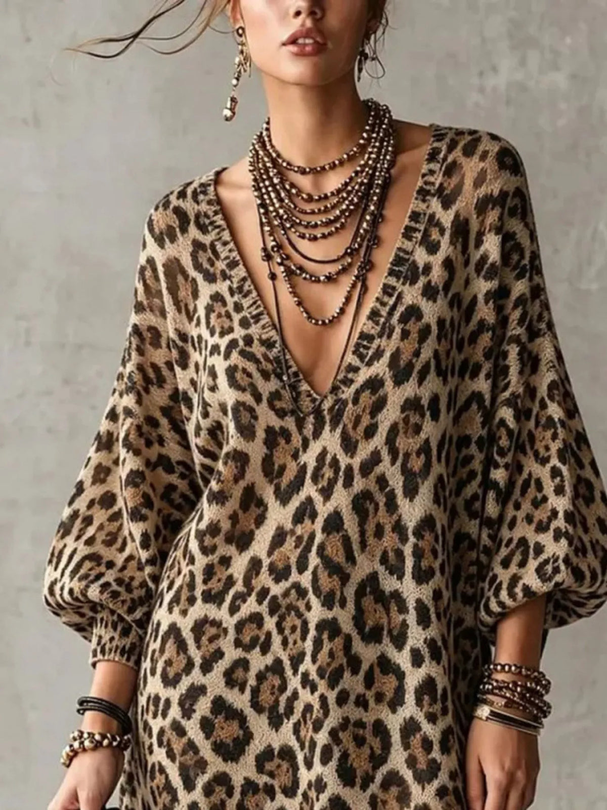 leopard print v-neck dress with lace hem – detail | dropsona - neutral - front view