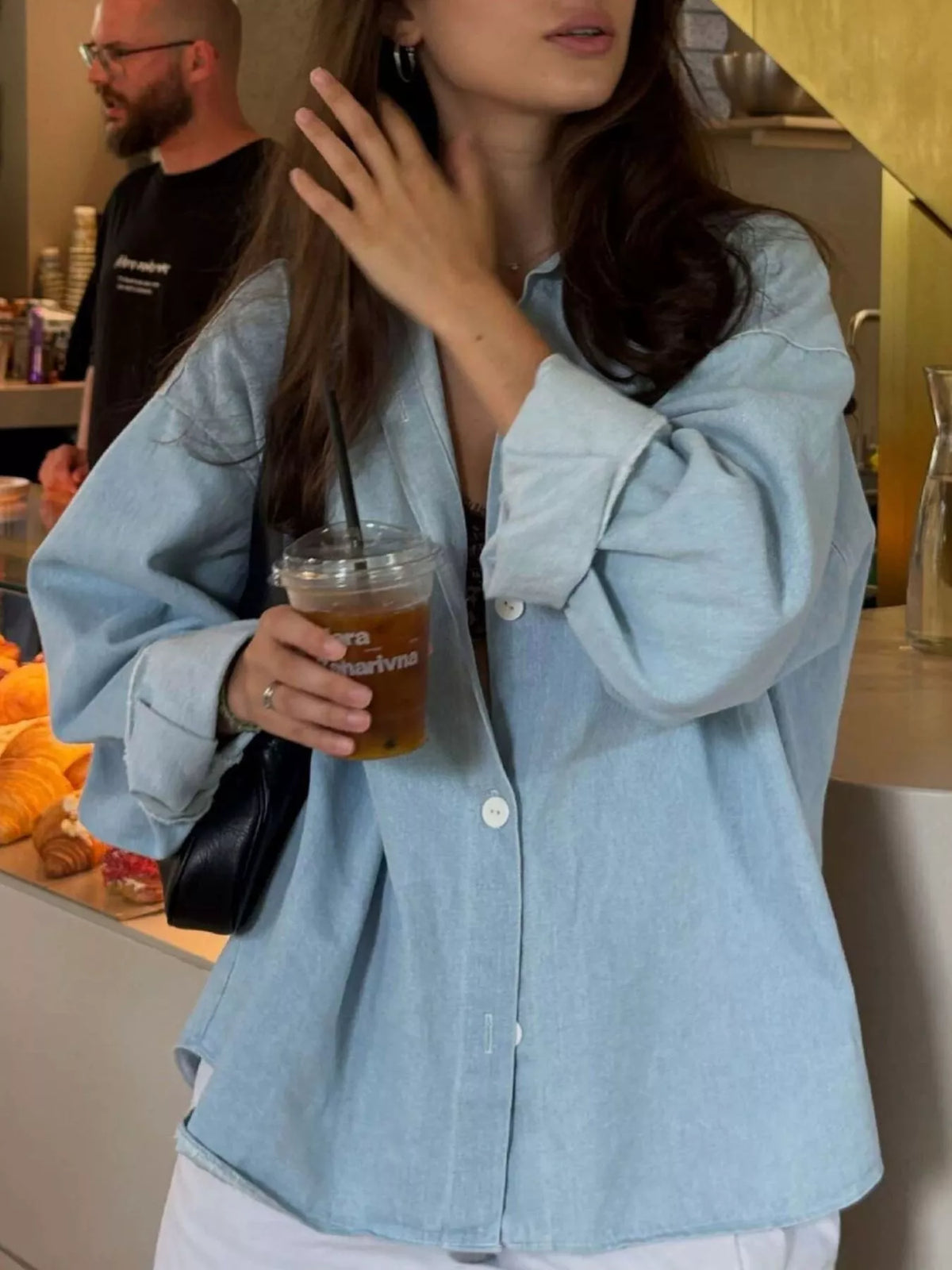 oversized washed denim shirt top | dropsona - neutral - front view