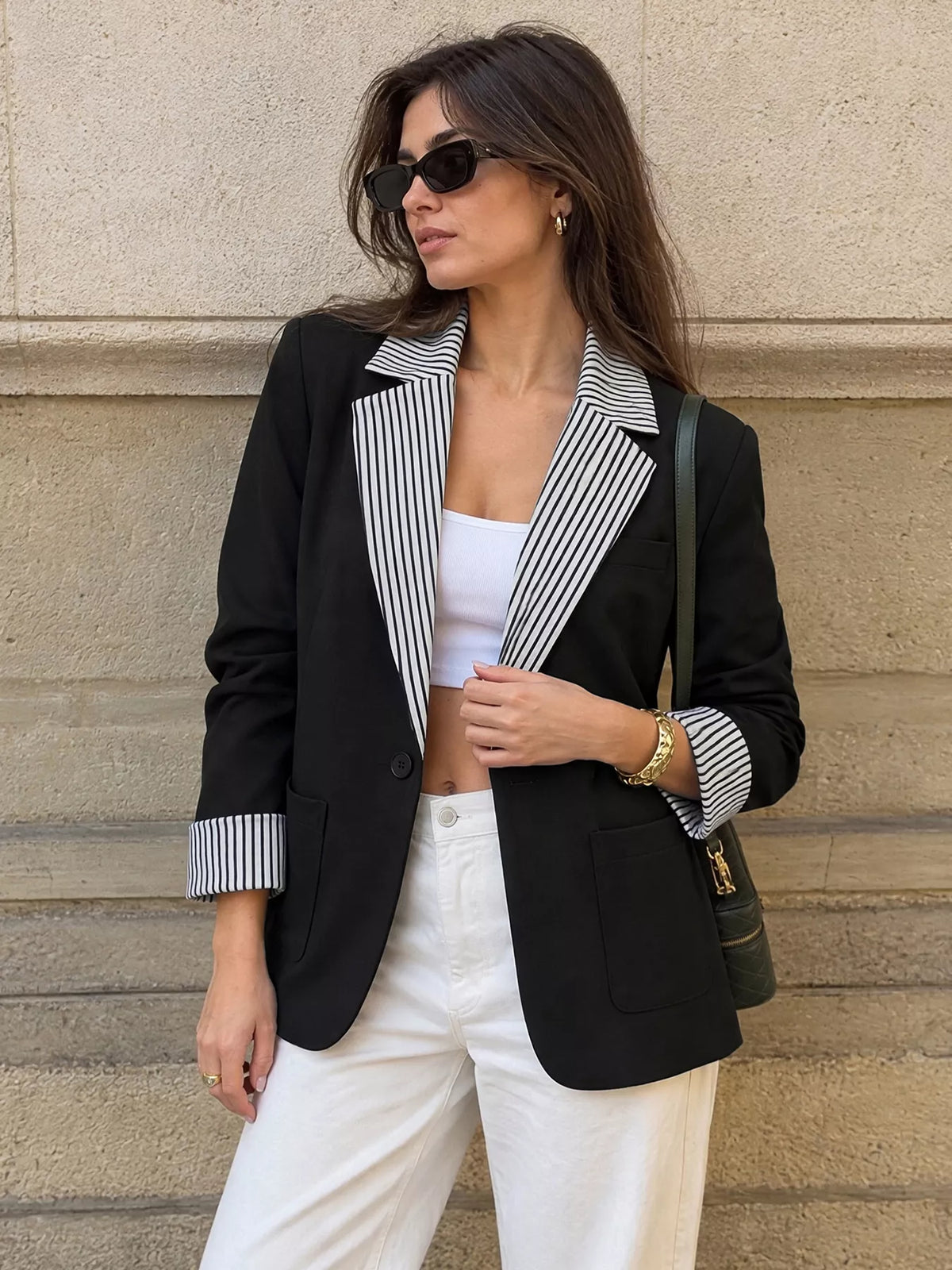 contrast striped lapel collar blazer – buttoned | dropsona - neutral - everyday use