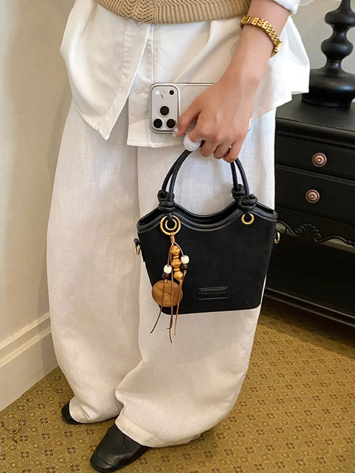 suede crossbody bag with decorative wooden bead charm | dropsona - neutral - everyday use