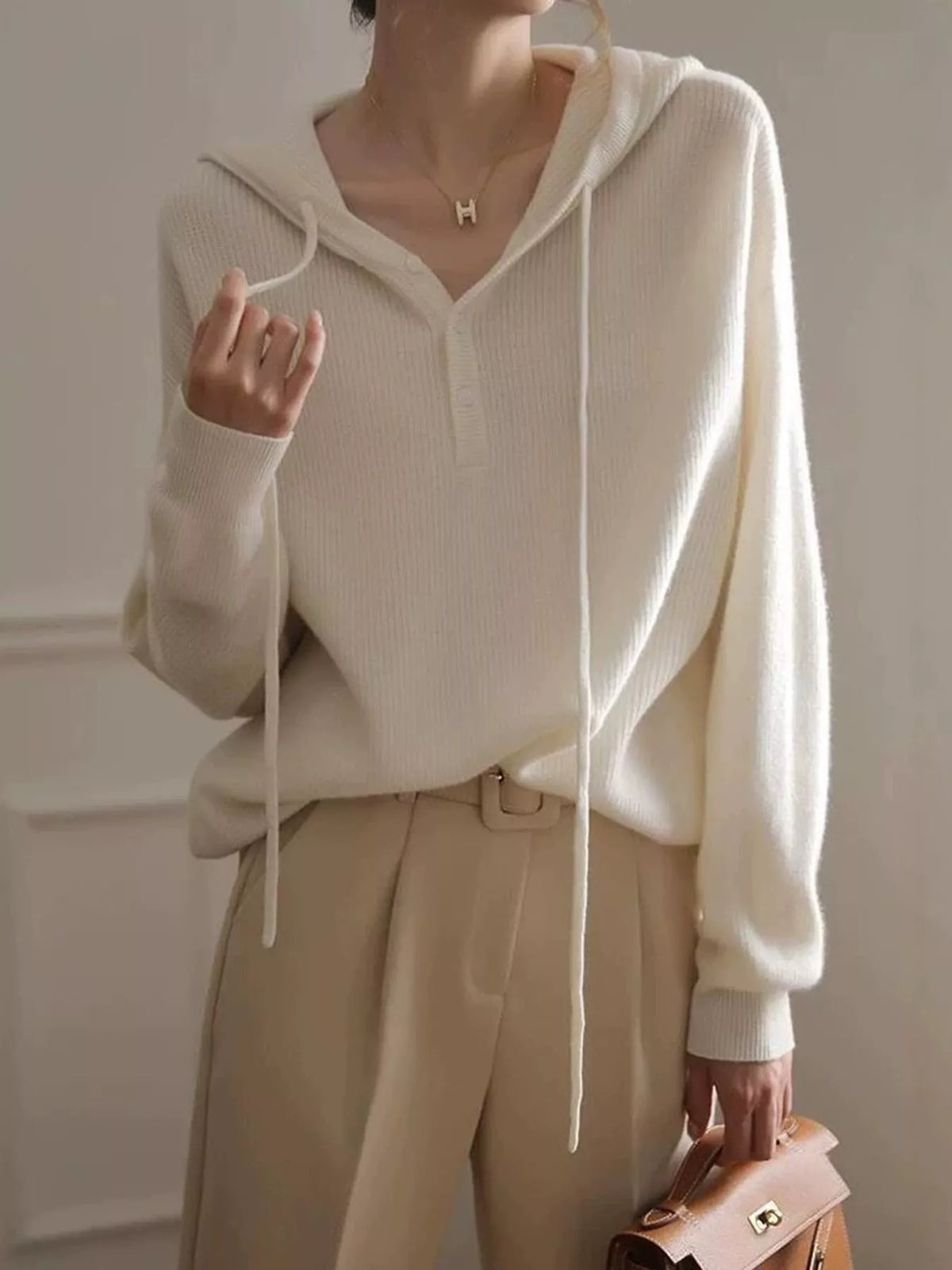 drawstring button detail hooded sweater | dropsona - neutral - front view