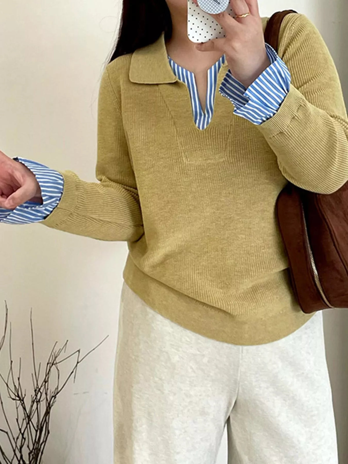 plus size layered look striped long sleeve sweater | dropsona - neutral - everyday use