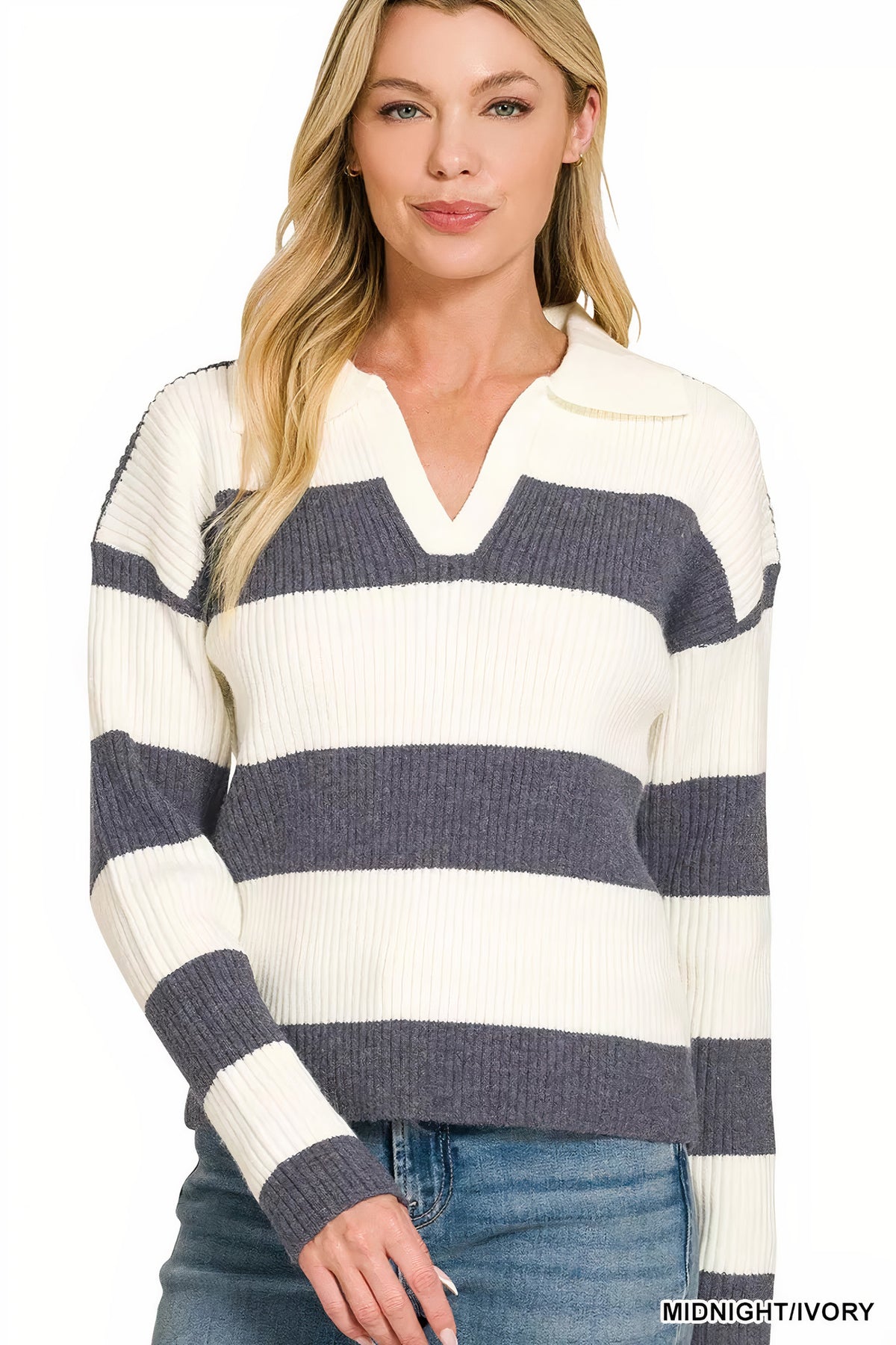 zenana striped collared sweater - everyday wear