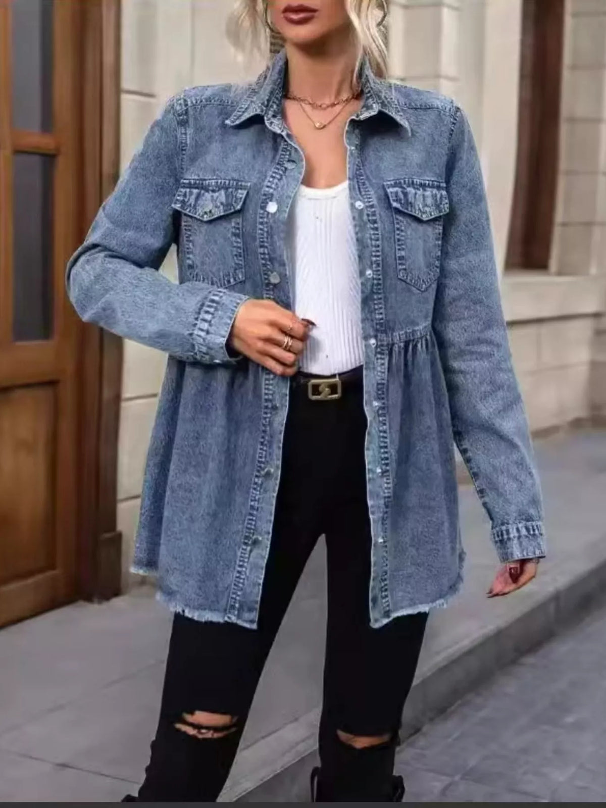 peplum hem denim jacket with button-down front | dropsona - neutral - front view