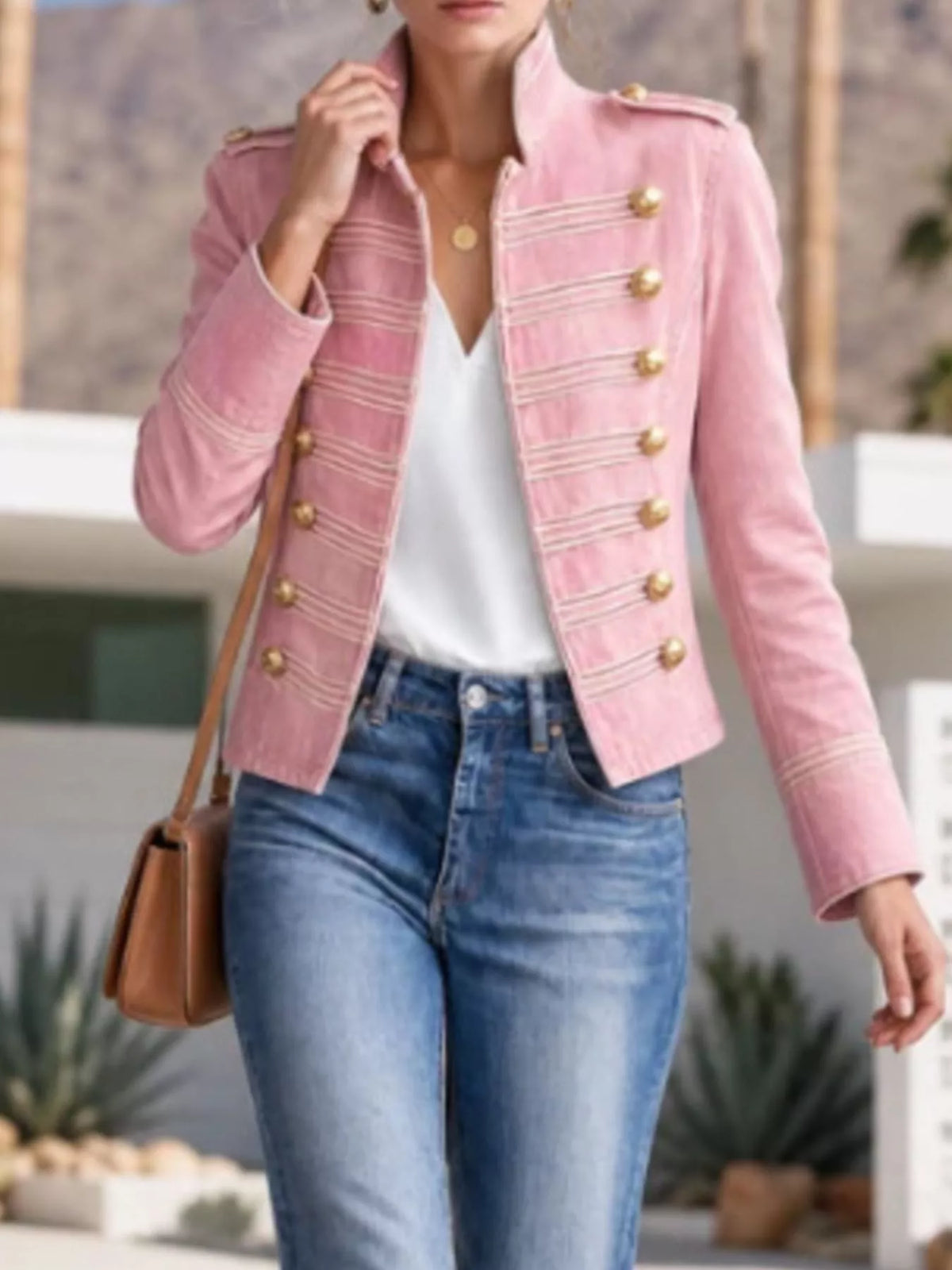 military-inspired denim jacket with gold button | dropsona - neutral - front view
