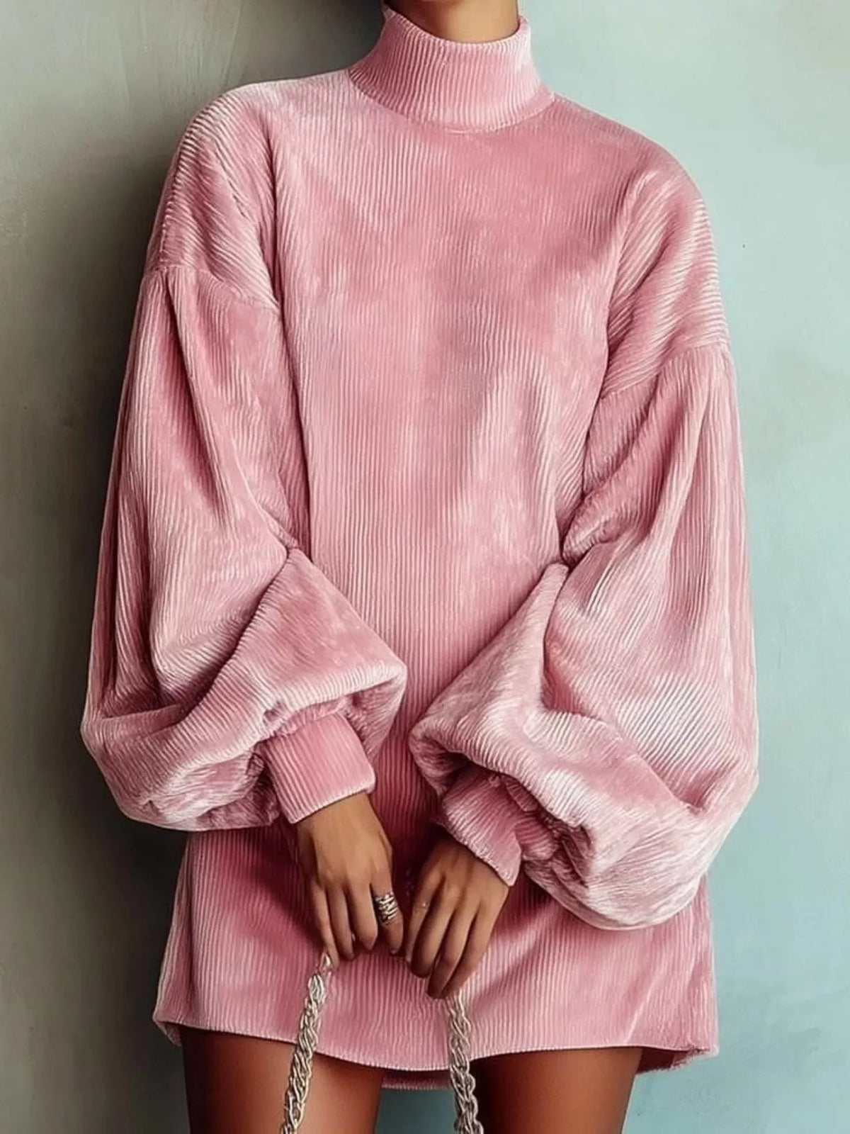 full size corduroy mock neck lantern sleeve mini | dropsona - neutral - everyday use