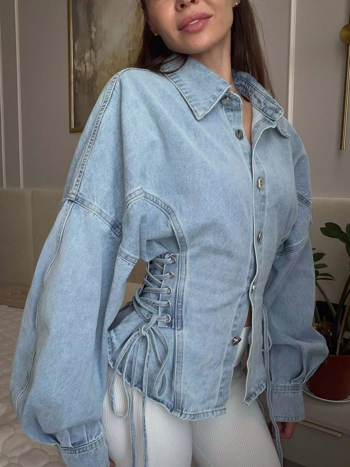 button down lace-up side denim jacket | dropsona - neutral - everyday use