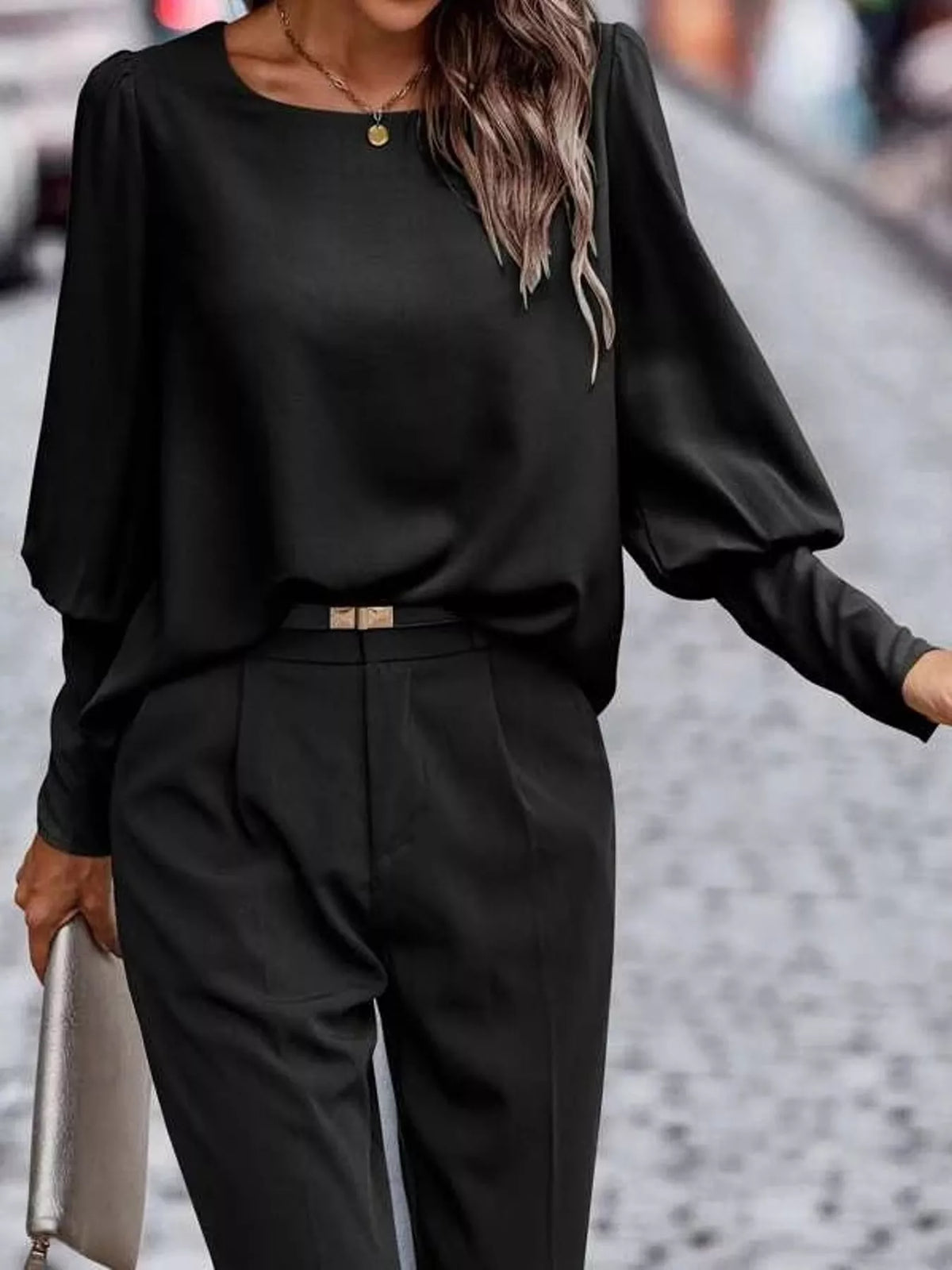 decorative button lantern sleeve blouse | dropsona - neutral - front view