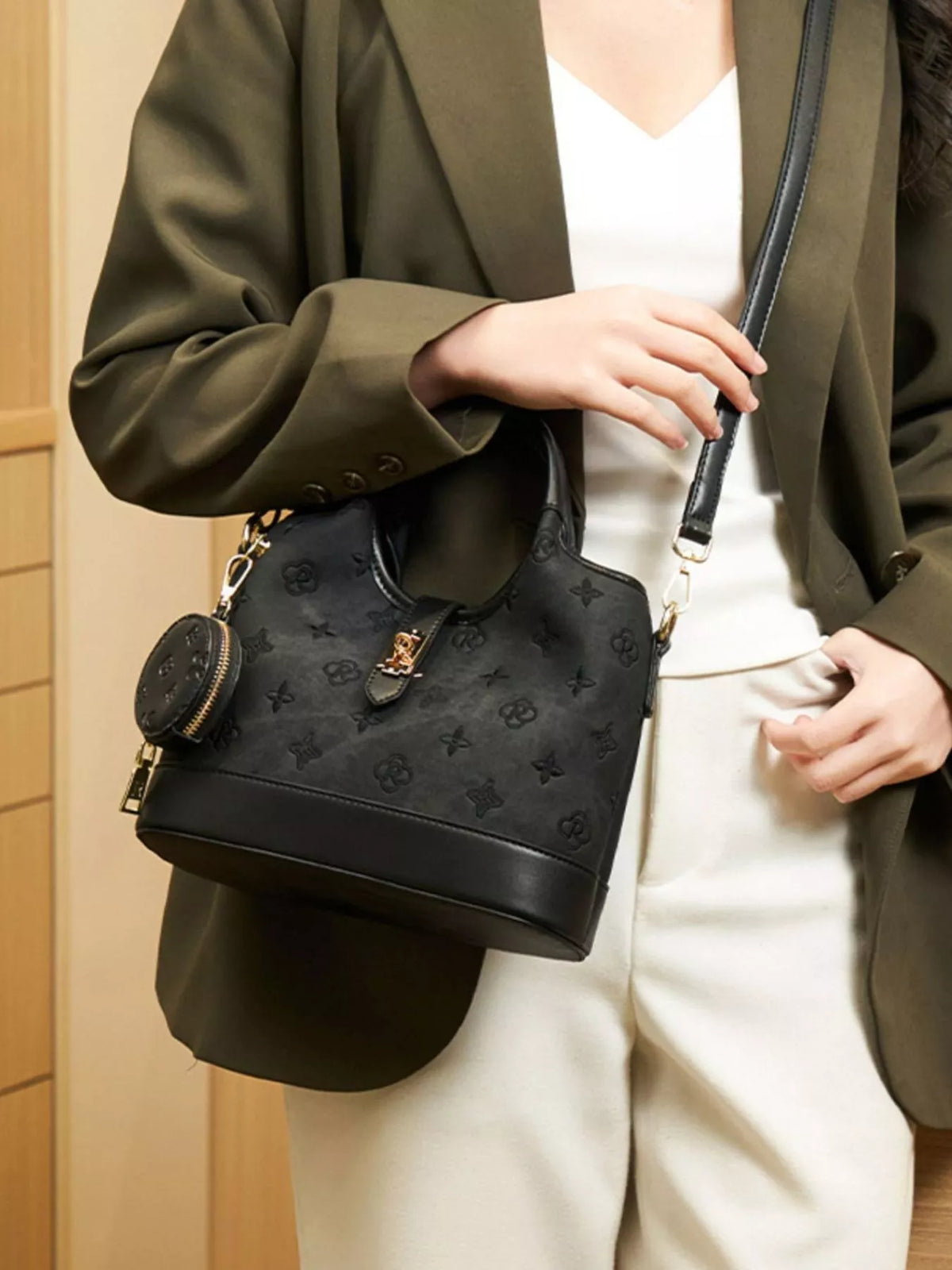 embossed crossbody bag with detachable coin pouch | dropsona - neutral - everyday use