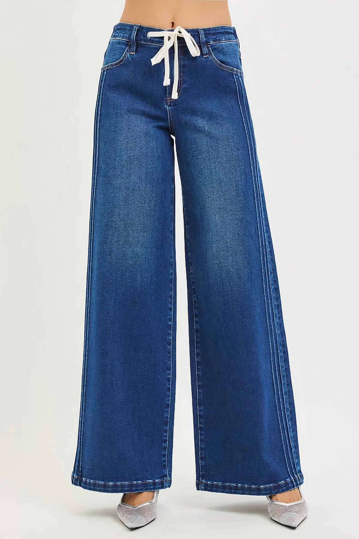 risen full size mid rise wide side pintuck jeans with front drawstring plus size - everyday wear