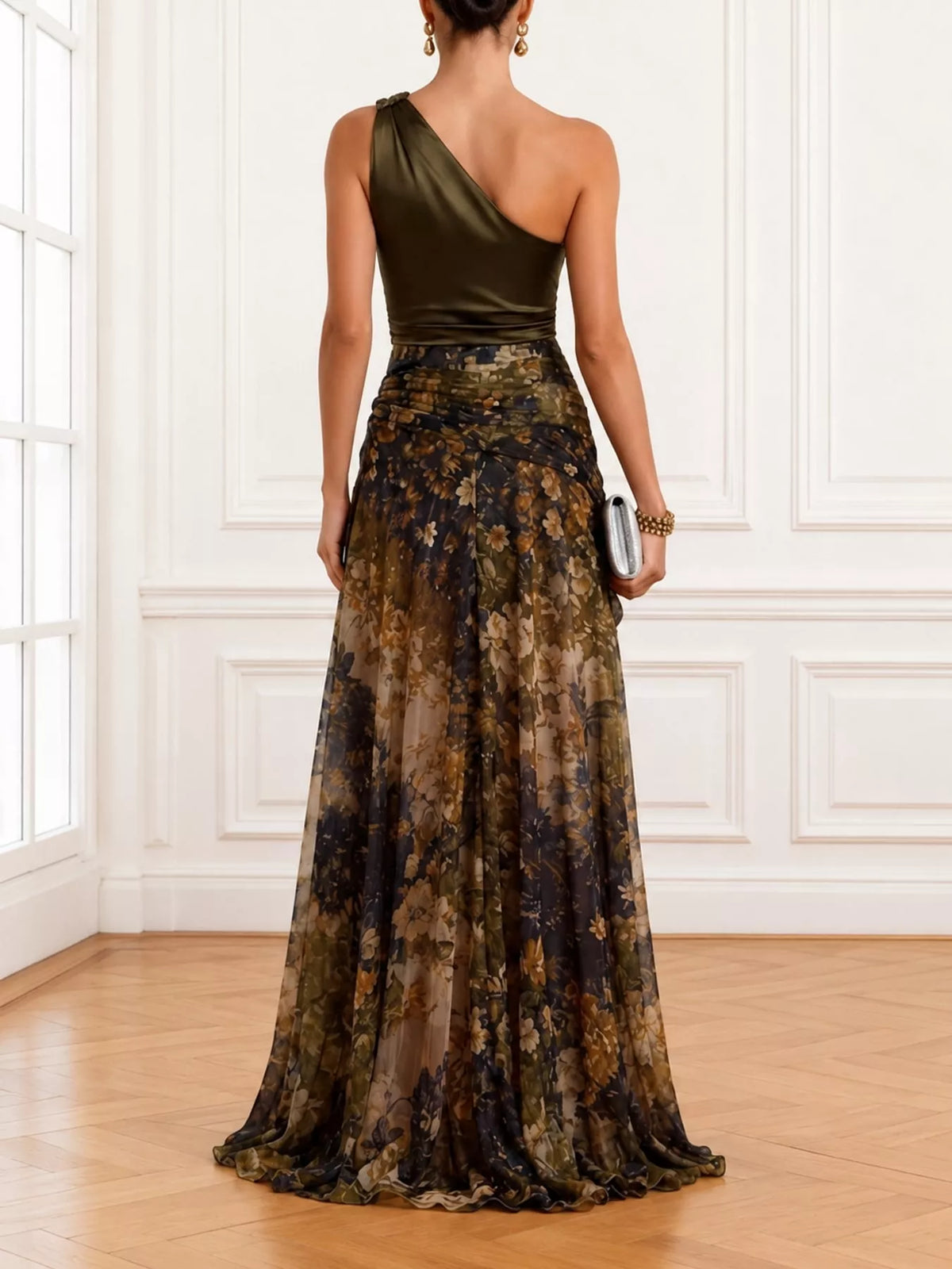 elegant one-shoulder floral print high-slit evening | dropsona - neutral - front view