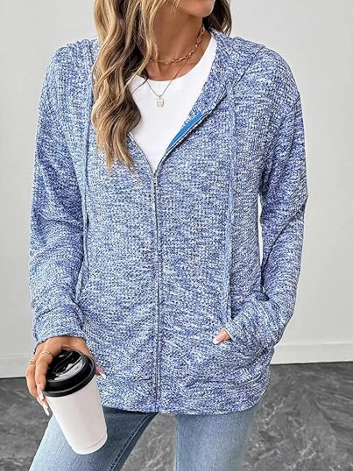 zip-up drawstring hooded cardigan | dropsona - neutral - front view