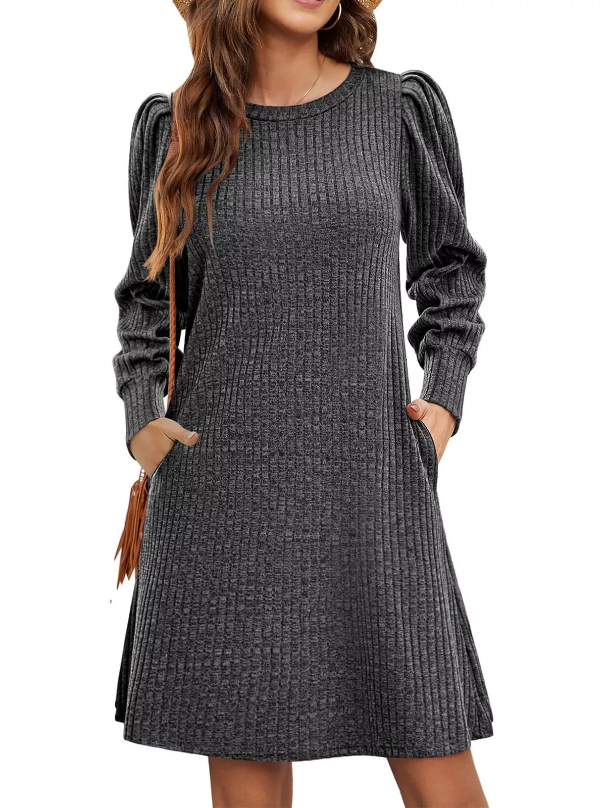 puff sleeve ribbed knit dress with pockets | dropsona - neutral - everyday use