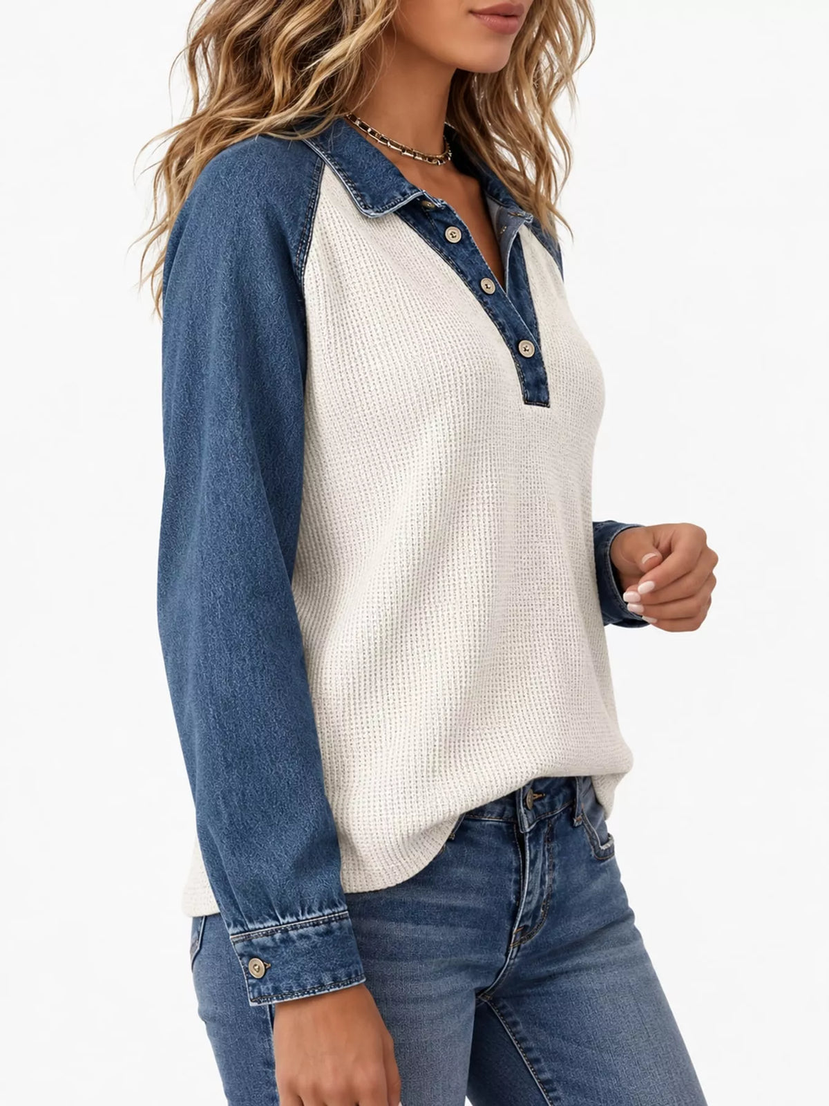 full size waffle knit denim patchwork button detail | dropsona - neutral - front view