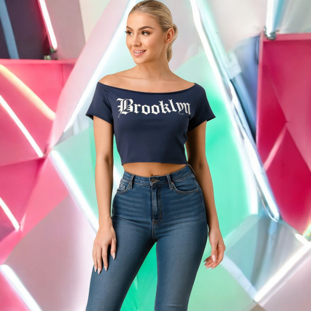 Brooklyn Graphic Off-shoulder Crop Top - Bold style