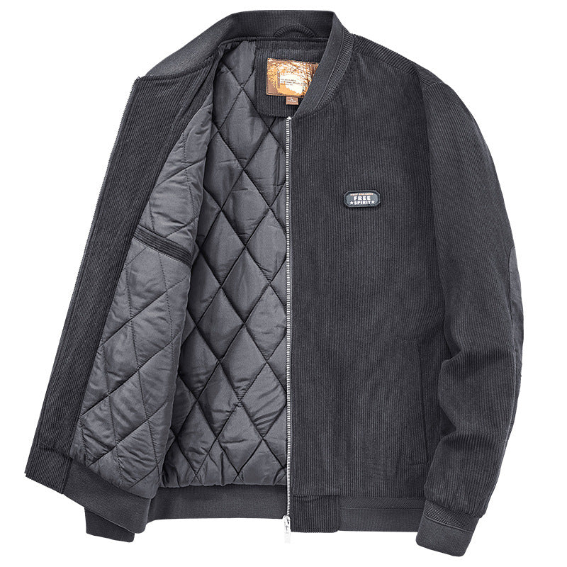 mens round collar winter zipped up elbow patch jacket | dropsona - neutral - close-up detail