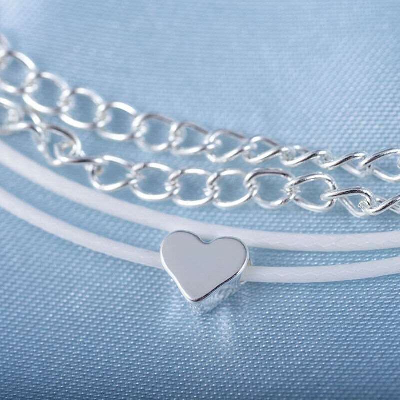 bohemian silver heart multi chain anklet ankle bracele | dropsona - neutral - close-up detail