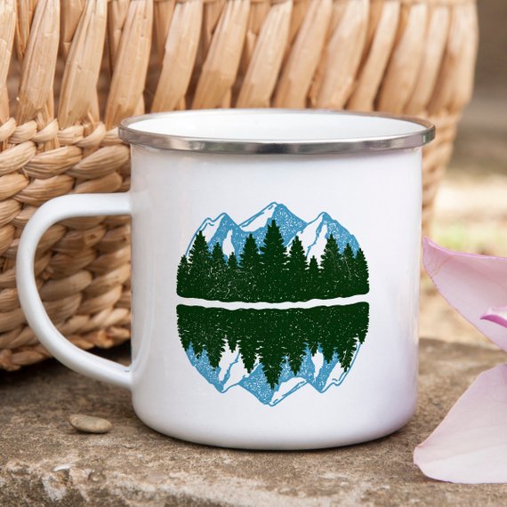 mountain mug enamel wanderlust camping the mou | dropsona - neutral - close-up detail