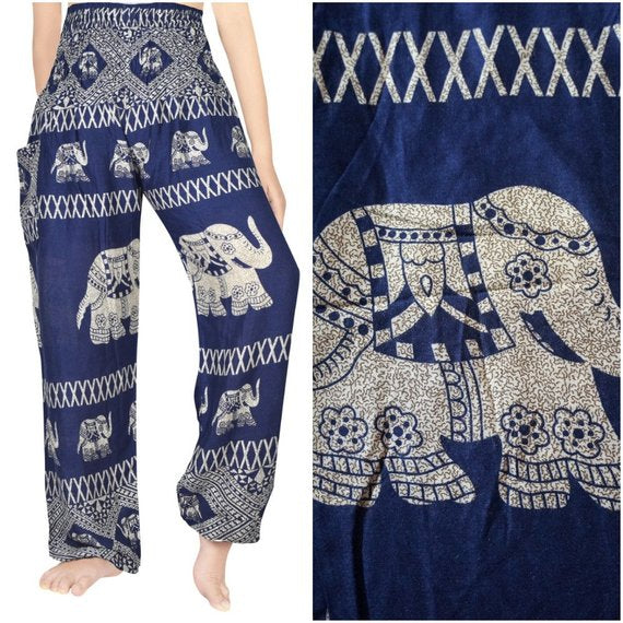 blue elephant pants women boho hippie yoga | dropsona - neutral - close-up detail