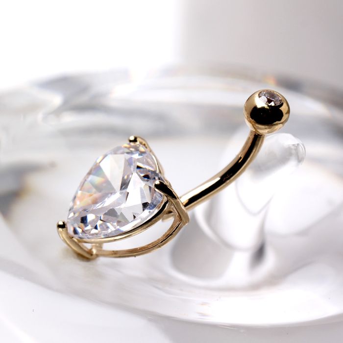 14kt yellow gold navel ring with large clear heart pro | dropsona - neutral - front view