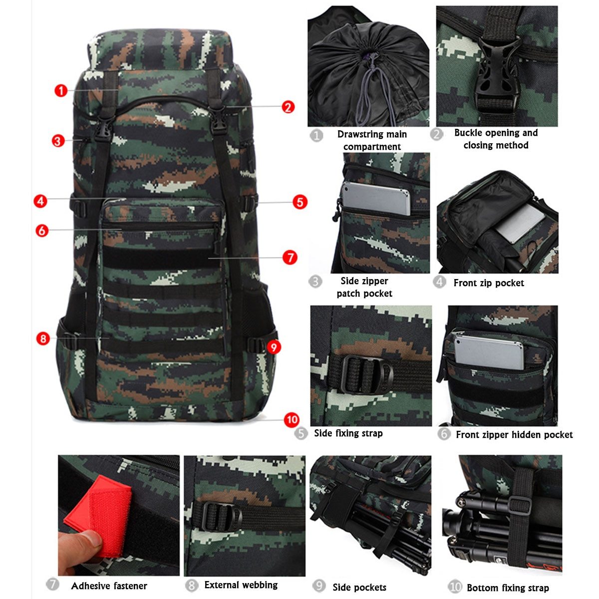 waterproof outdoor camping 70l military backpack – lar | dropsona - neutral - front view