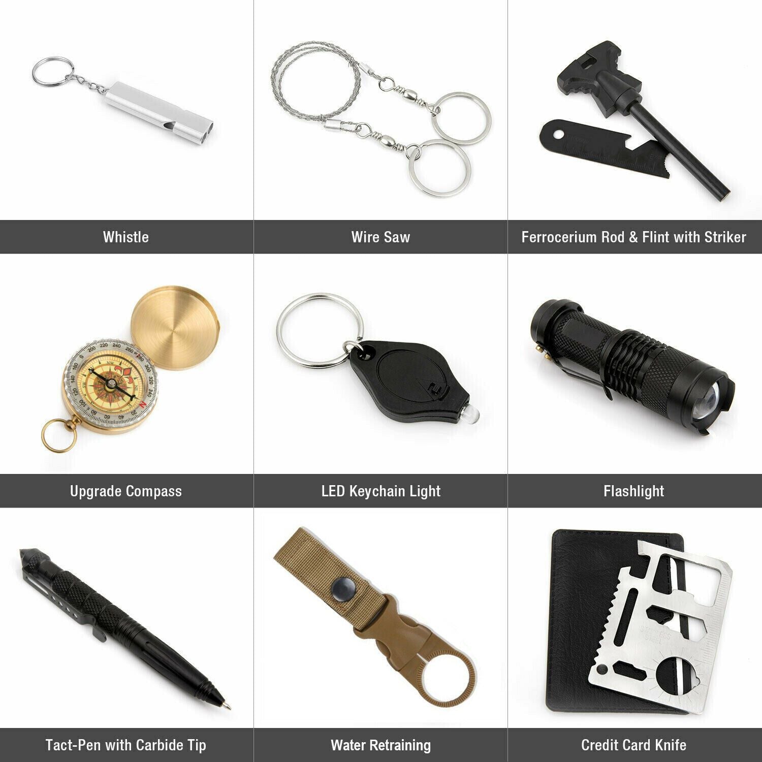 14 in 1 outdoor emergency survival and safety gear kit | dropsona - neutral - close-up detail