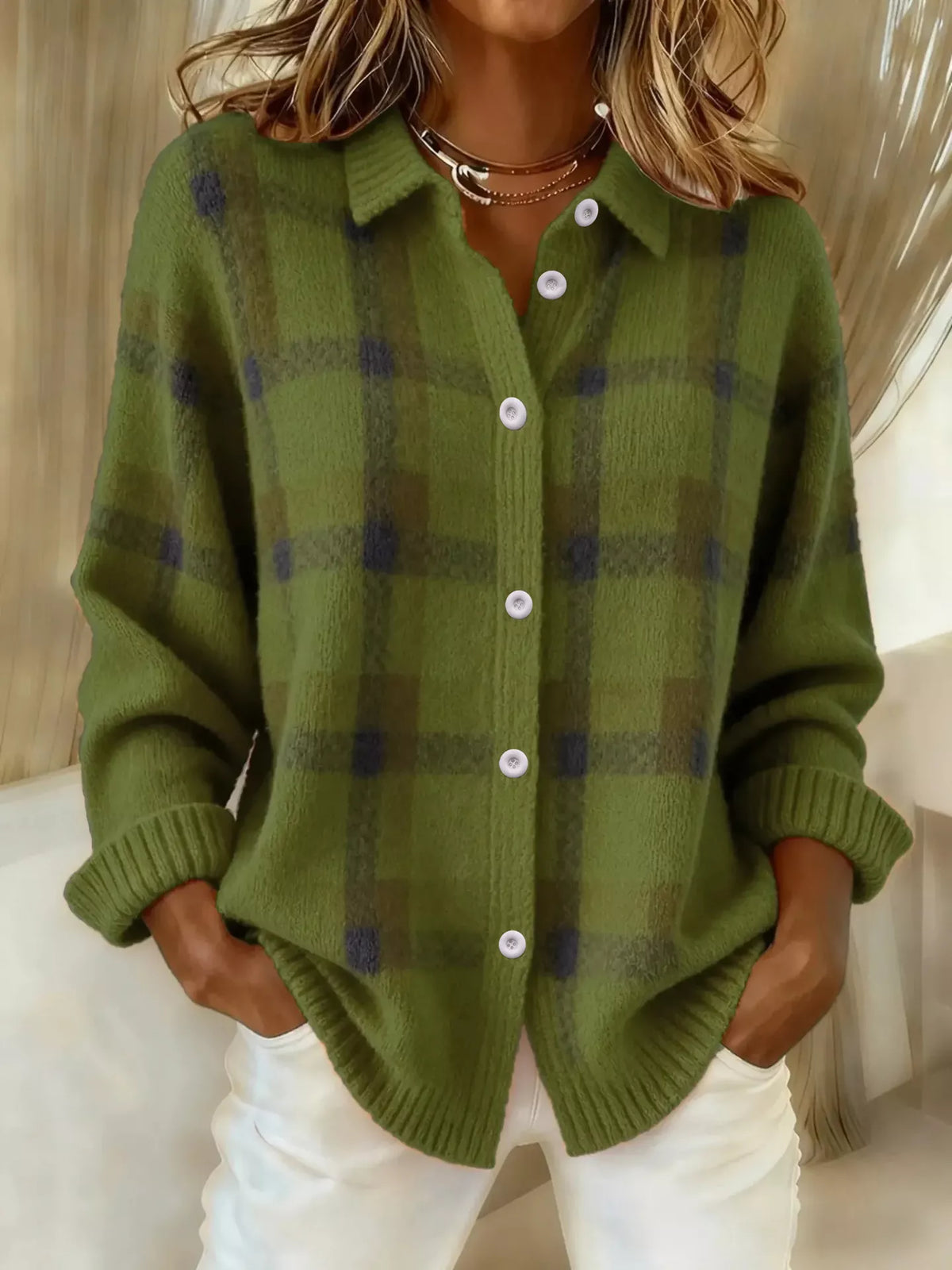 plaid button-up cardigan – buttoned | dropsona - neutral - material texture