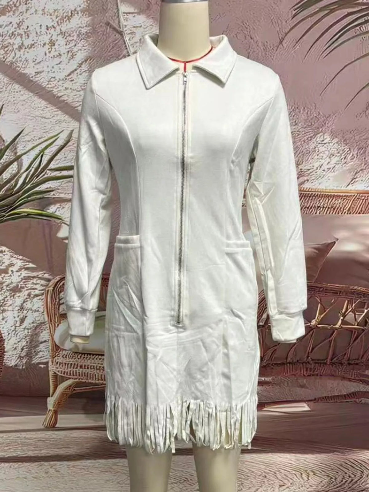 zip-front long sleeve fringe hem mini dress | dropsona - neutral - usage example