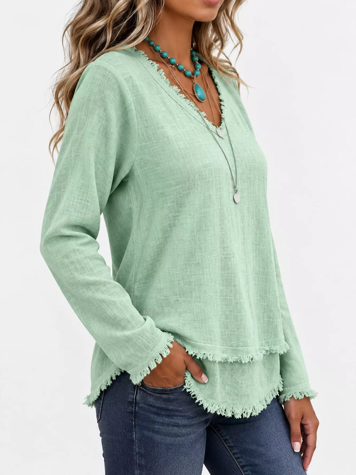 full size frayed hem v-neck blouse plus | dropsona - neutral - front view